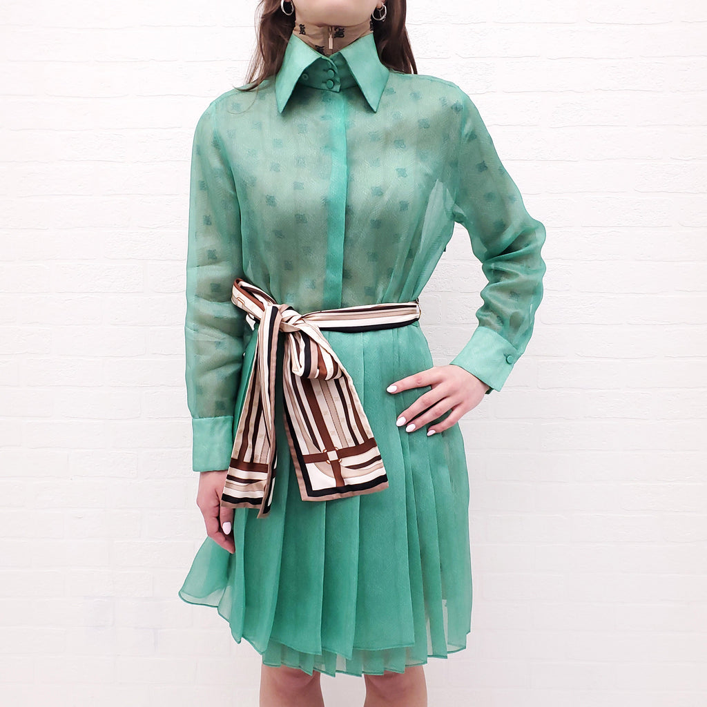FENDI GREEN SILK PLEATED ORGANDIE SHIRT DRESS - SIZE 38