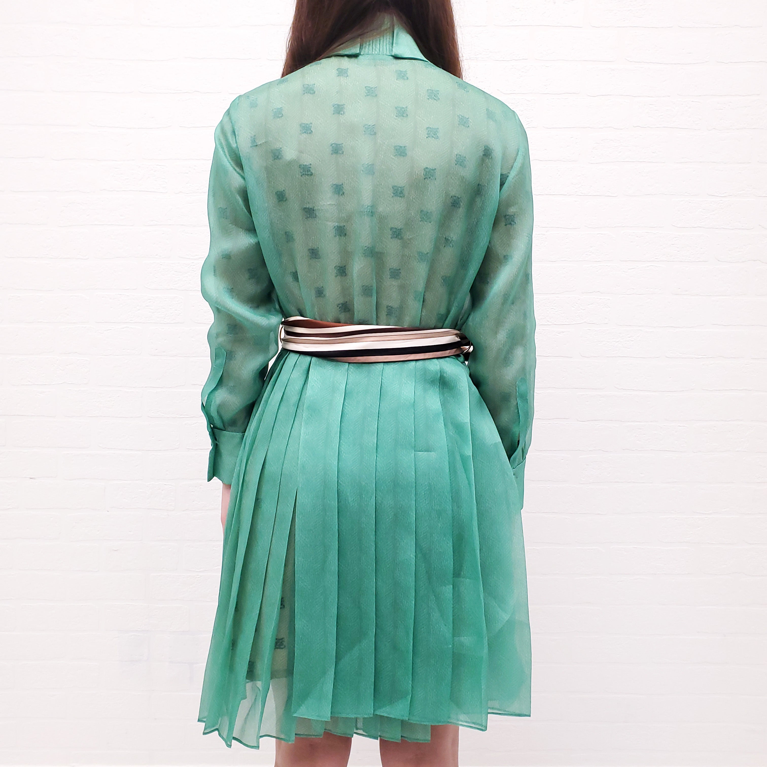 FENDI GREEN SILK PLEATED ORGANDIE SHIRT DRESS - SIZE 38
