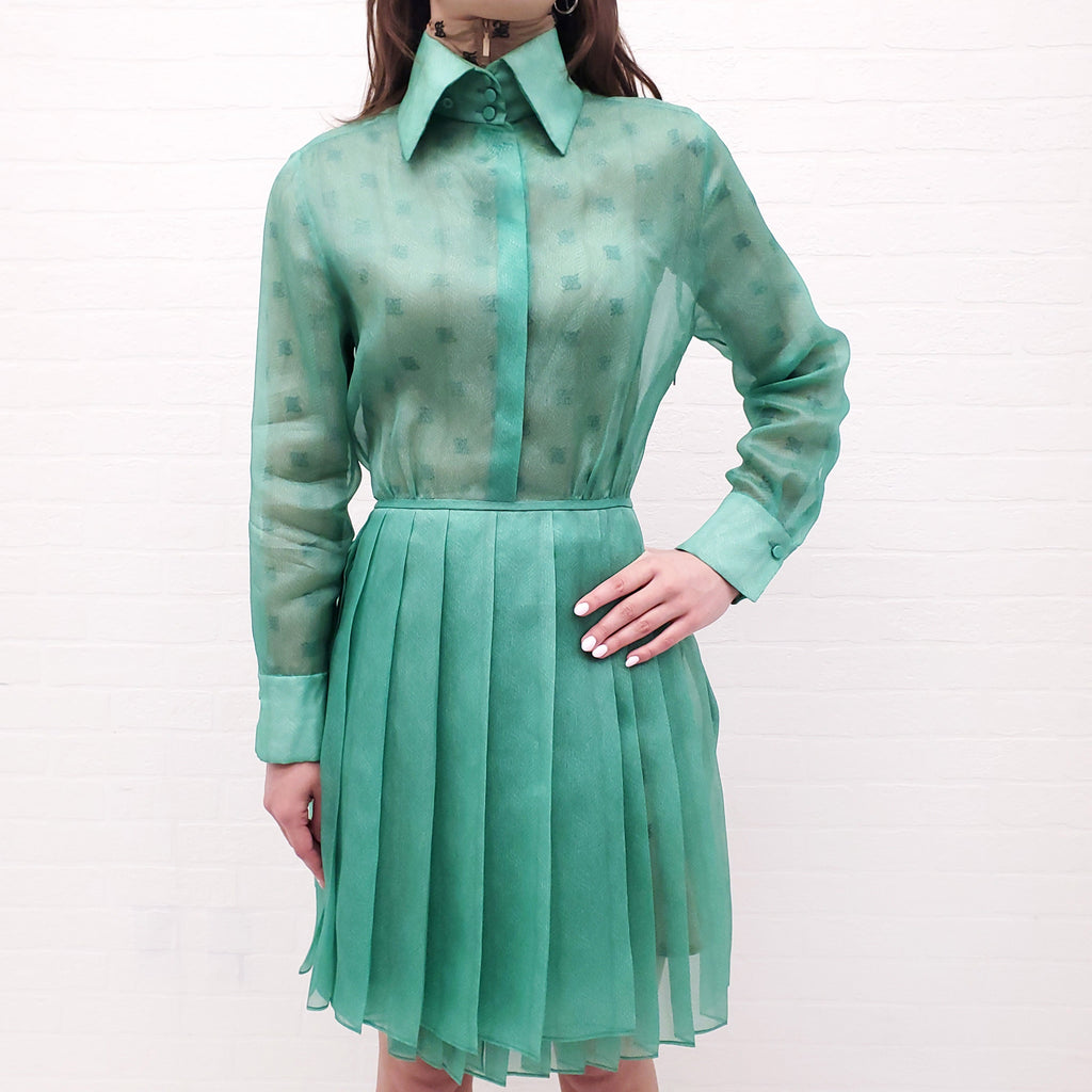FENDI GREEN SILK PLEATED ORGANDIE SHIRT DRESS - SIZE 38