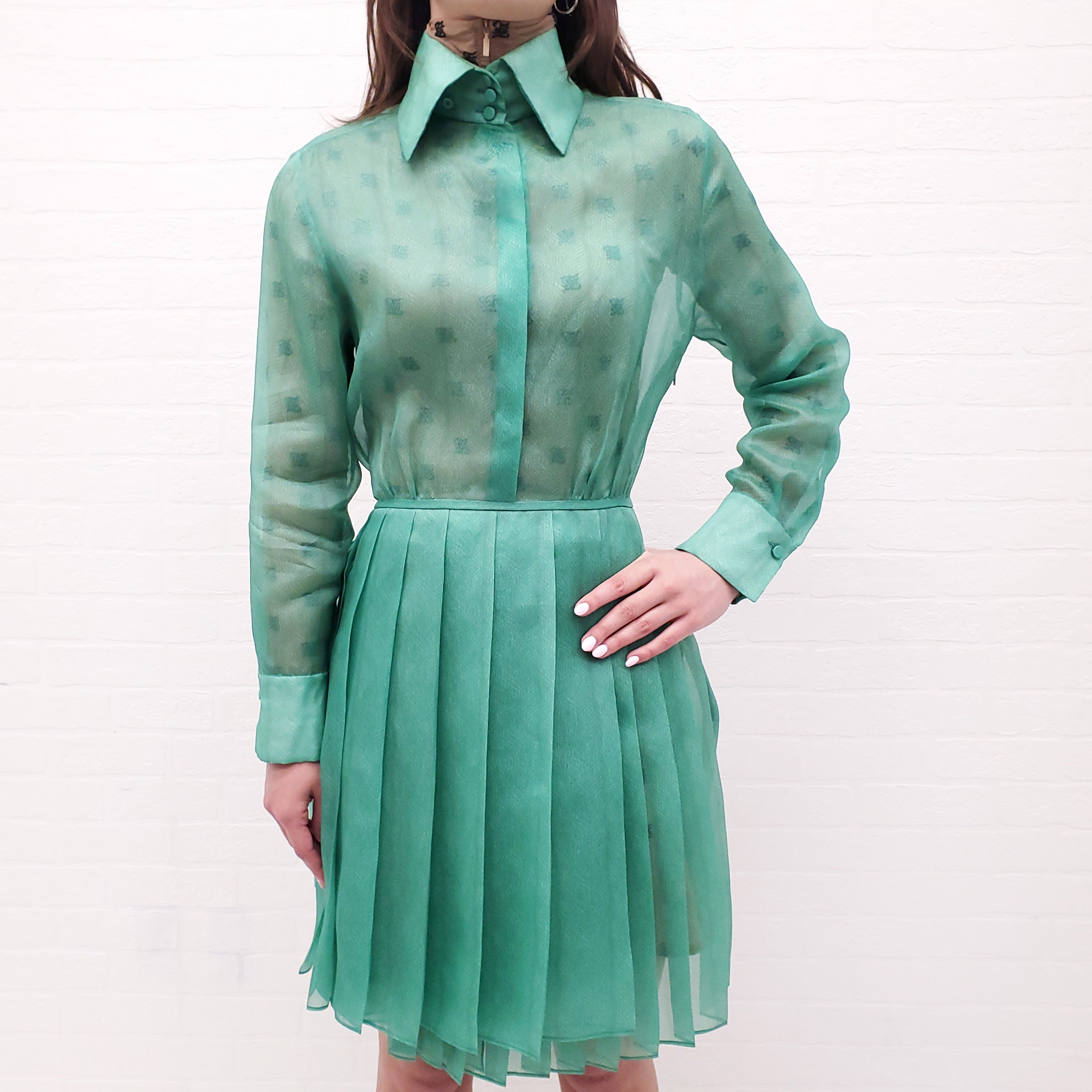 FENDI GREEN SILK PLEATED ORGANDIE SHIRT DRESS - SIZE 38