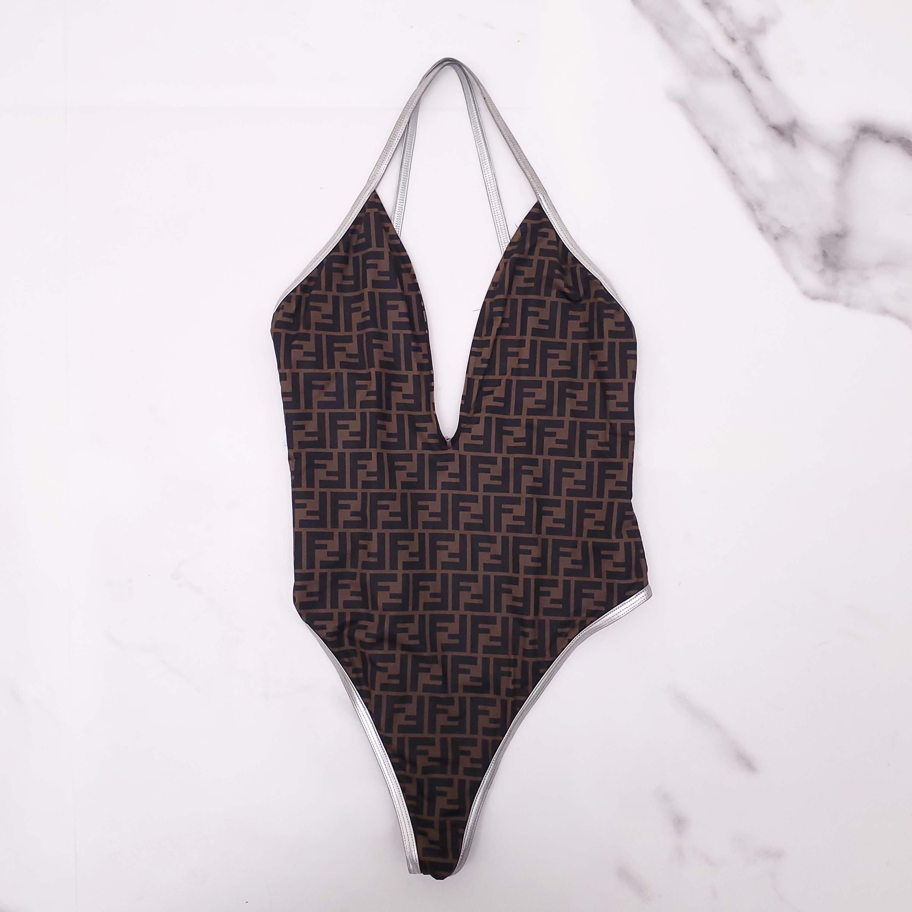 FENDI LOGO SWIMSUIT WITH SILVER DETAILS - SIZE 46