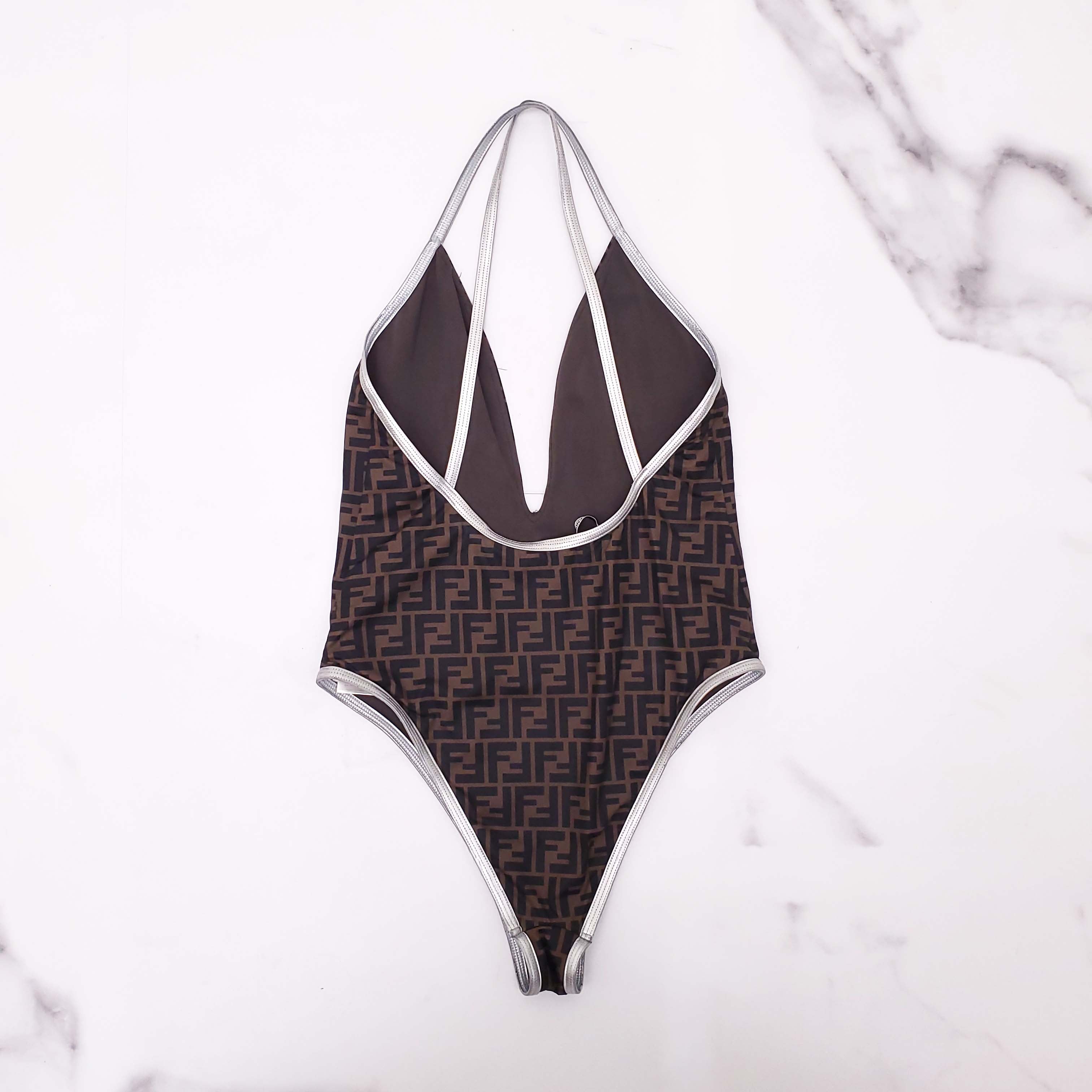 FENDI LOGO SWIMSUIT WITH SILVER DETAILS - SIZE 46