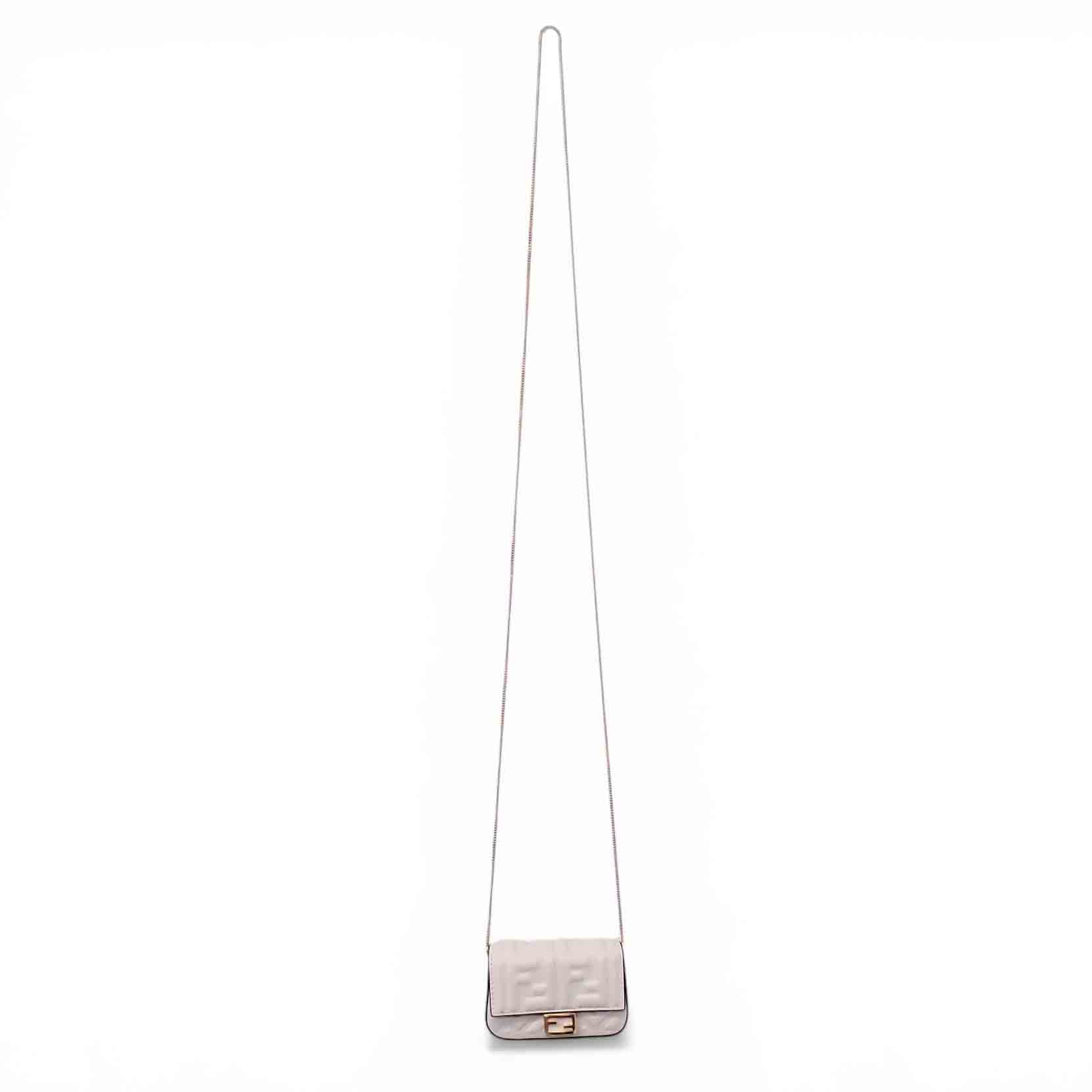 FENDI MINI WHITE NAPPA MATISSE FF EMBOSSED NANO BAGUETTE WITH CHAIN