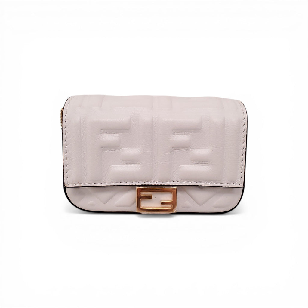 FENDI MINI WHITE NAPPA MATISSE FF EMBOSSED NANO BAGUETTE WITH CHAIN