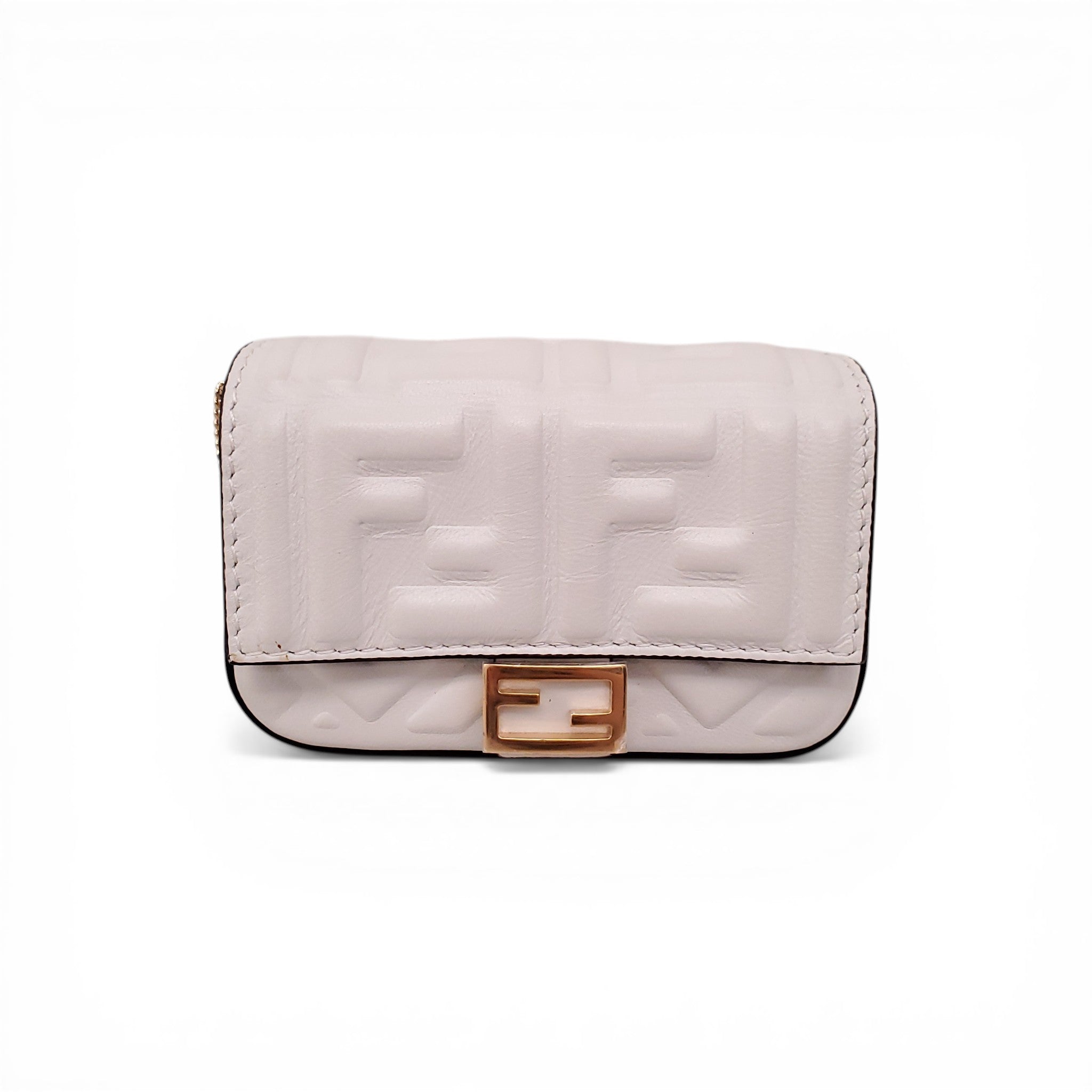 FENDI MINI WHITE NAPPA MATISSE FF EMBOSSED NANO BAGUETTE WITH CHAIN