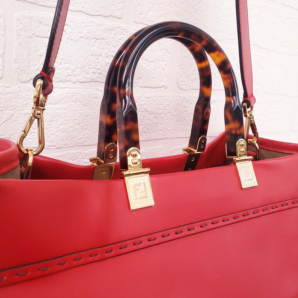 FENDI RED LEATHER 'LARGE SUNSHINE SHOPPER' LOGO TOTE