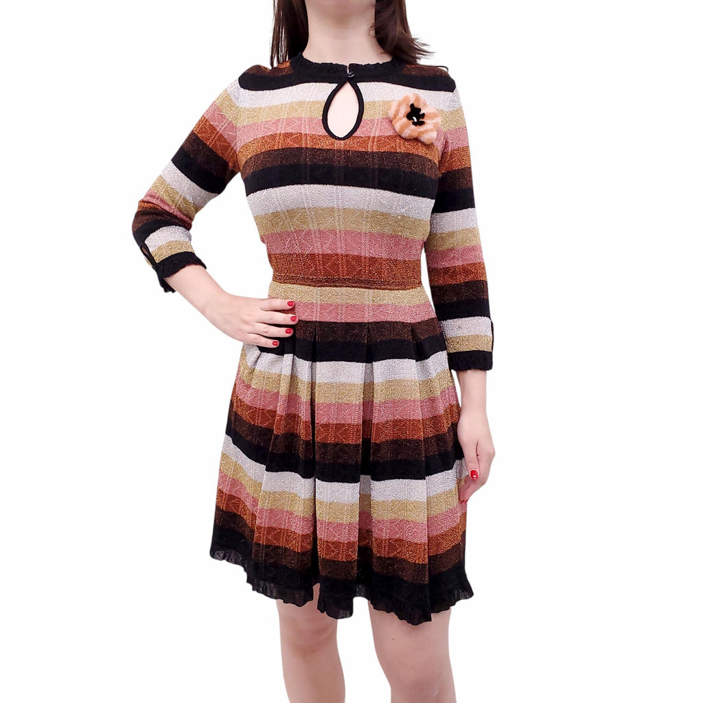 FENDI STRIPED KNIT DRESS WITH MINK FLOWER DETAIL - SIZE 42