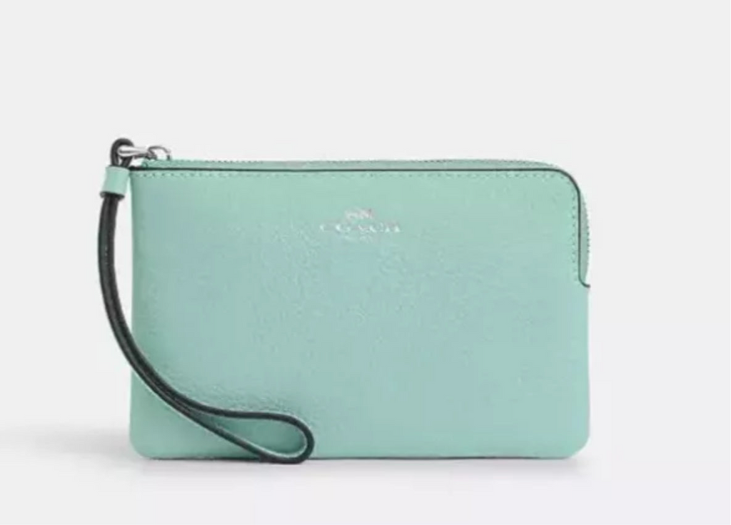 NWT Coach Leather Corner Zip Wristlet Wallet In Silver/Faded Blue