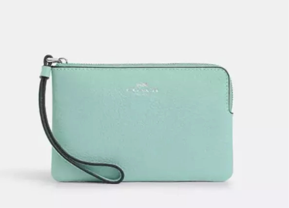 NWT Coach Leather Corner Zip Wristlet Wallet In Silver/Faded Blue
