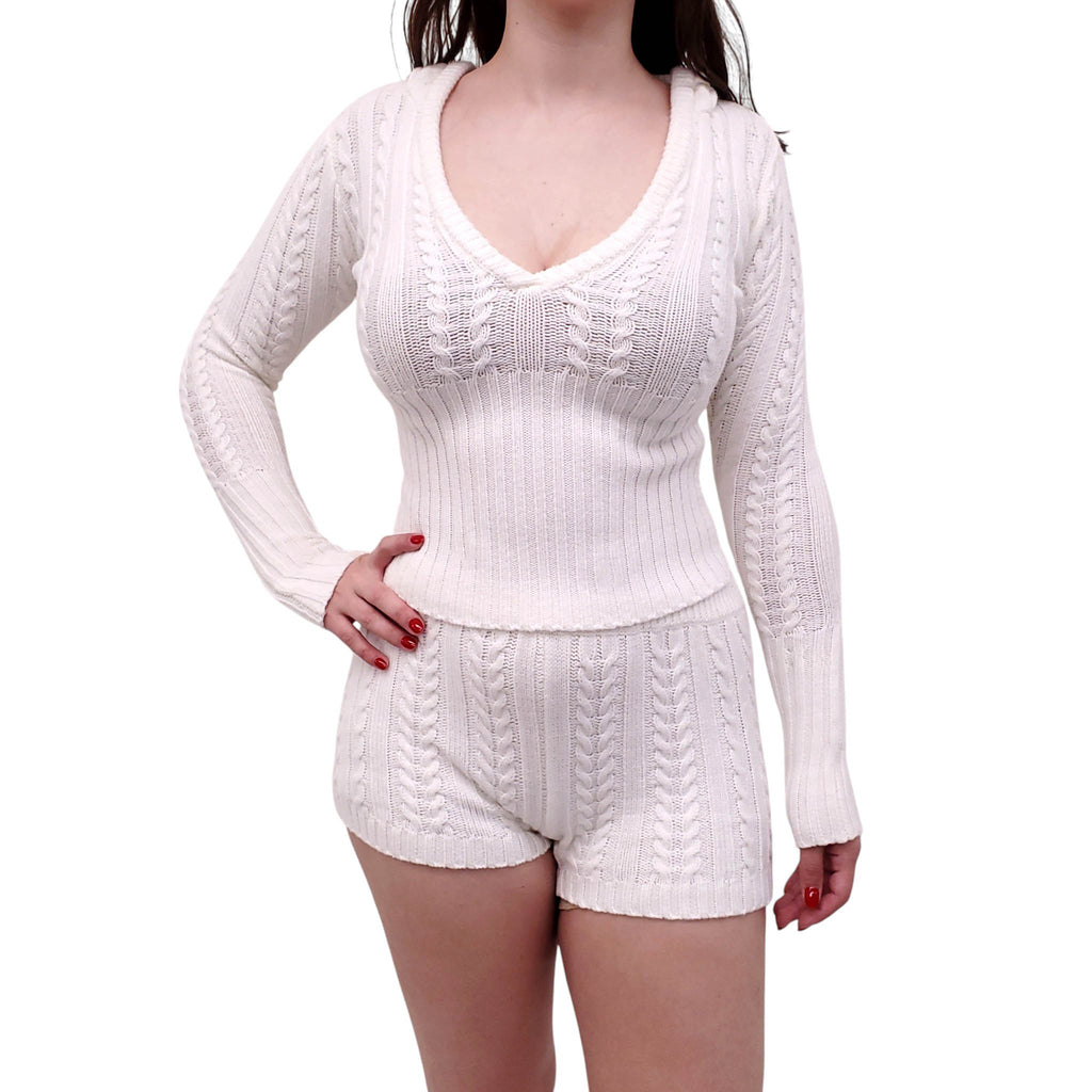 FRANKIES BIKINIS WHITE CABLEKNIT SHORTS SET - SIZE XS/L