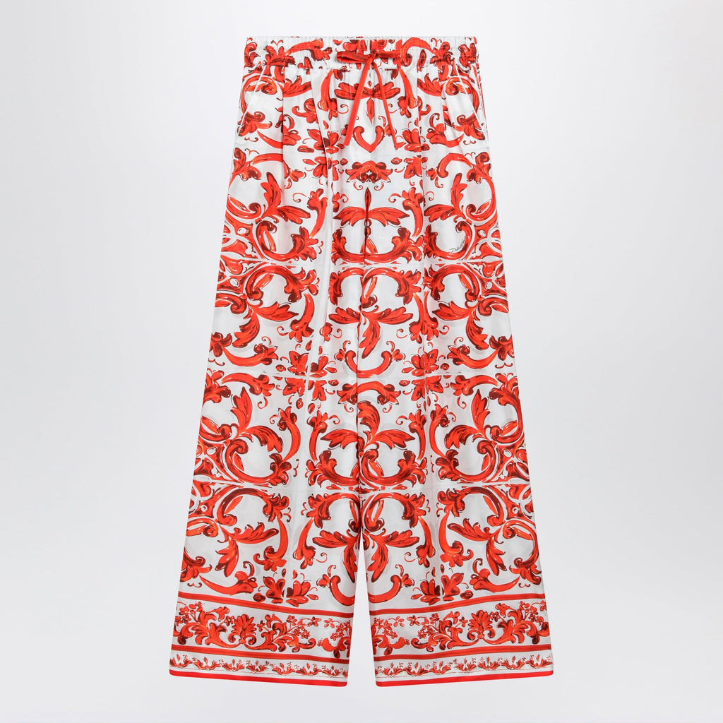 Dolce&Gabbana Wide-Leg Maiolica-Print Silk Pants In Orange Women