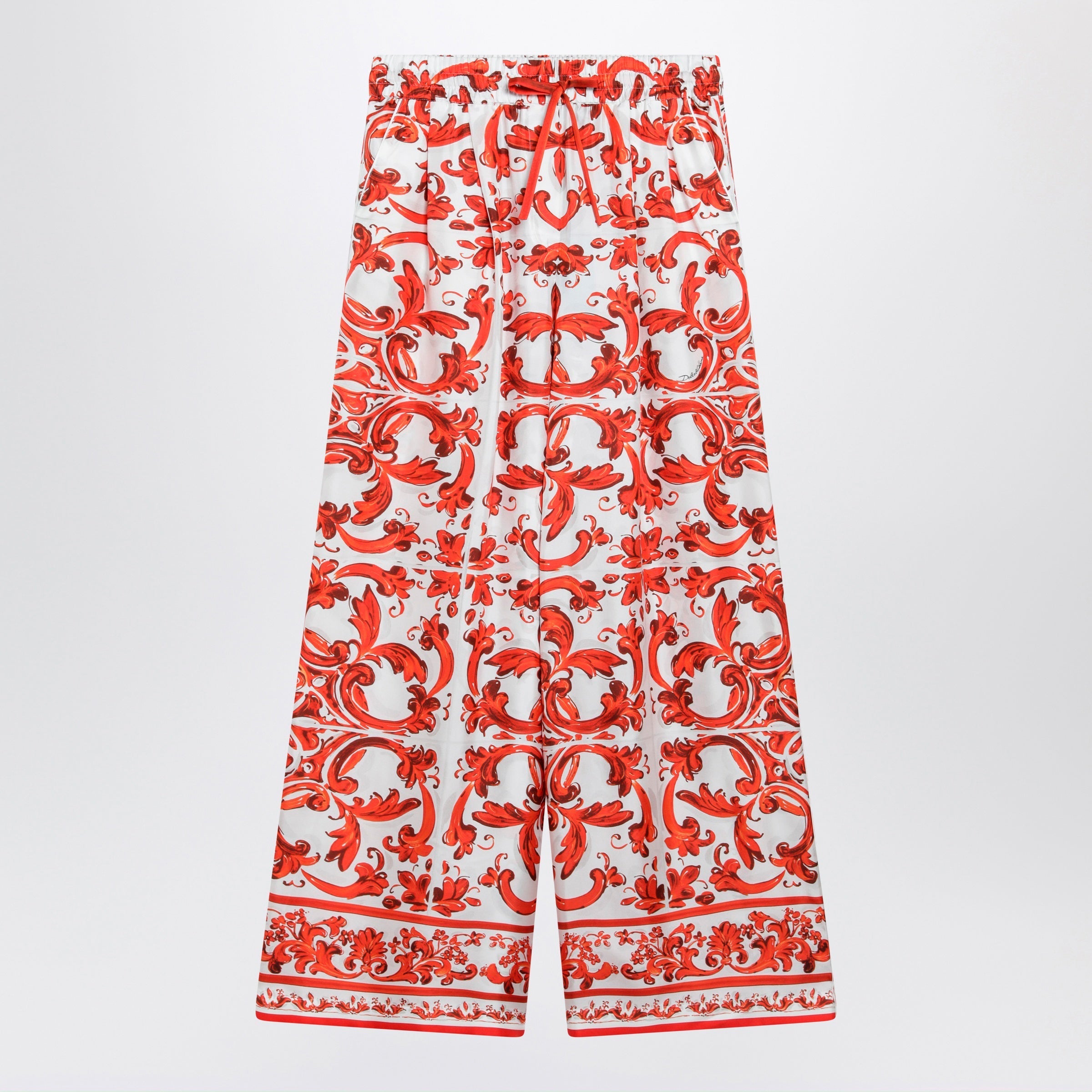Dolce&Gabbana Wide-Leg Maiolica-Print Silk Pants In Orange Women