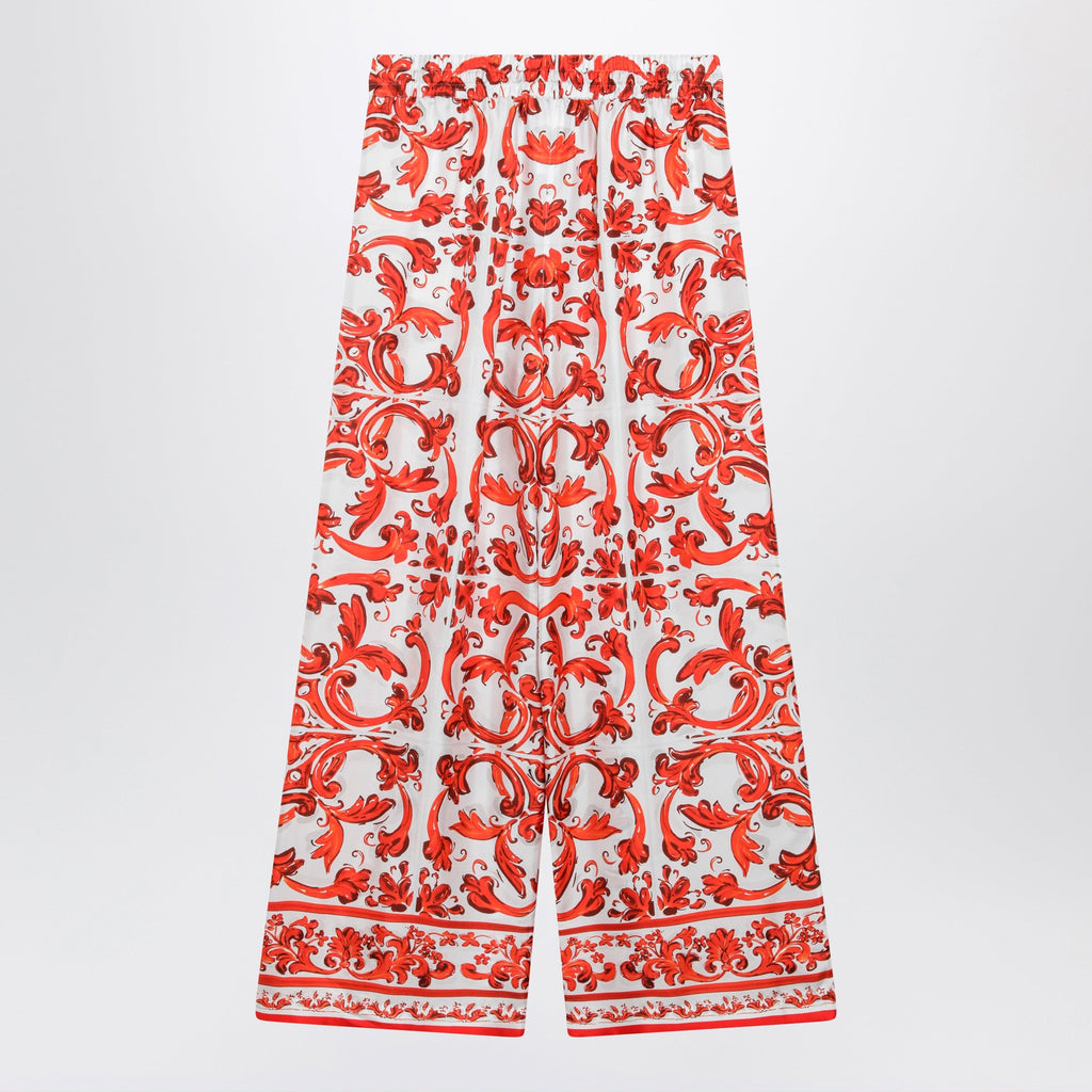 Dolce&Gabbana Wide-Leg Maiolica-Print Silk Pants In Orange Women