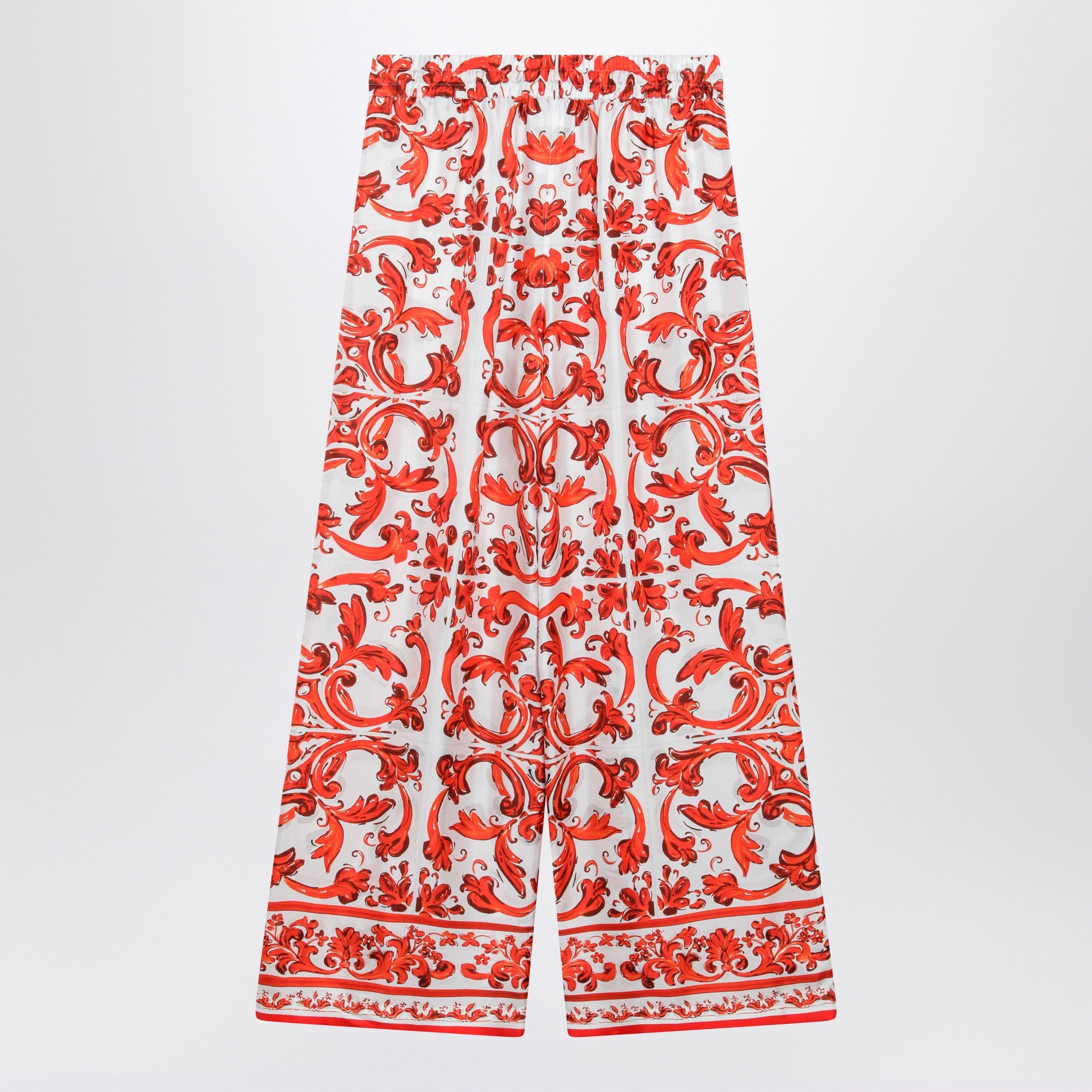 Dolce&Gabbana Wide-Leg Maiolica-Print Silk Pants In Orange Women