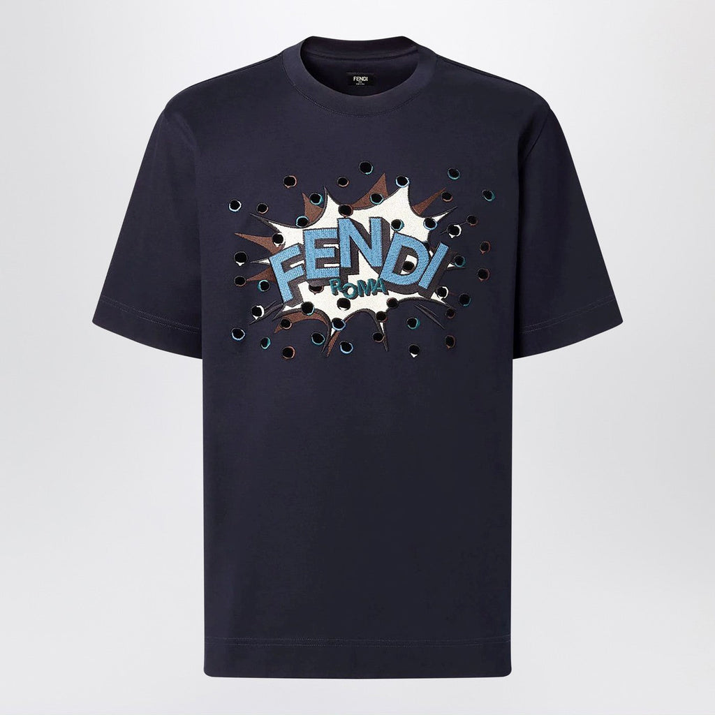 Fendi Dark Blue Cotton T-Shirt With Logo Men