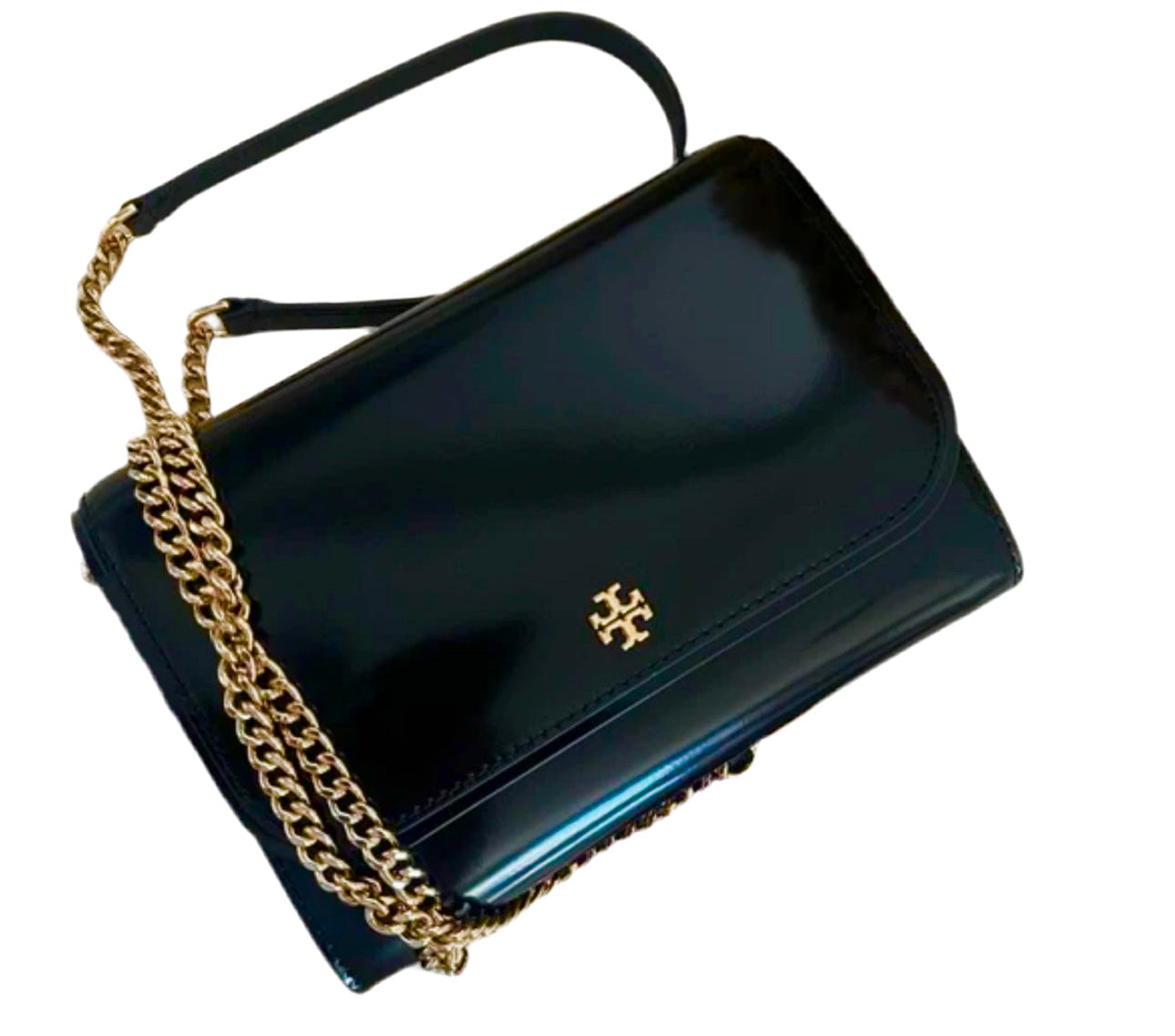NWT Tory Burch Emerson Patent Leather Chain Wallet/Crossbody bag In Gold/Black