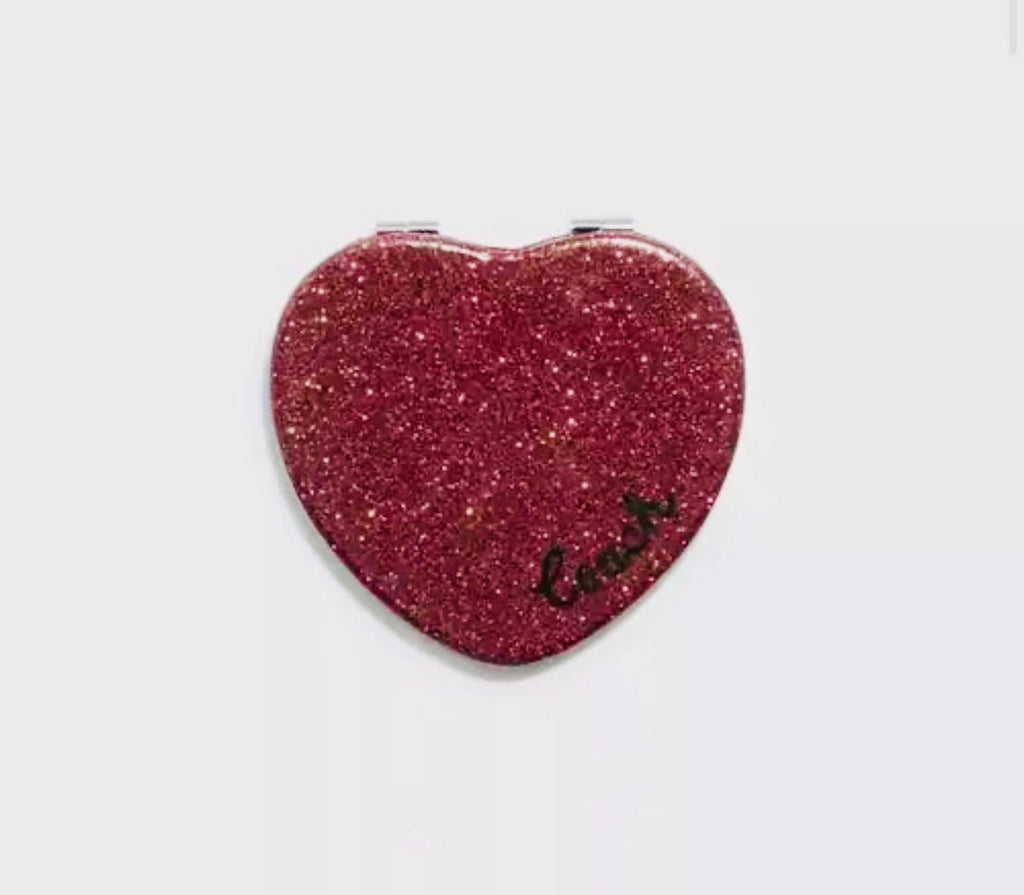 NWT COACH Glitter Heart Compact Mirror In Gold Wine