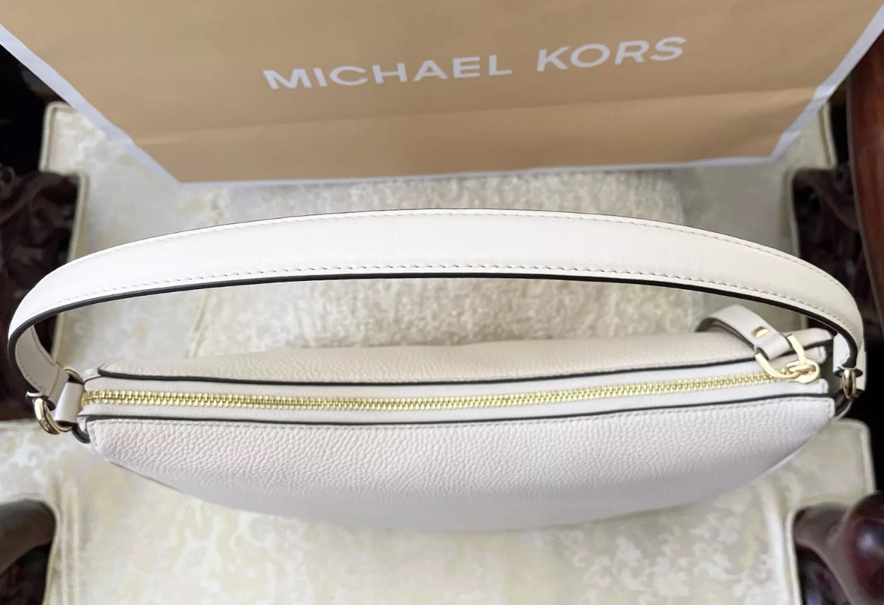 NWT Michael Kors LARGE Dover Top Zip Half Moon Leather Shoulder white Bag