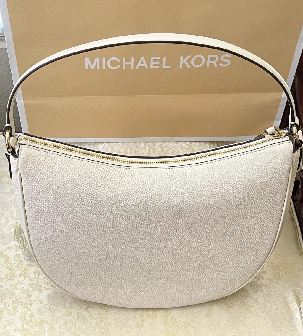 NWT Michael Kors LARGE Dover Top Zip Half Moon Leather Shoulder white Bag