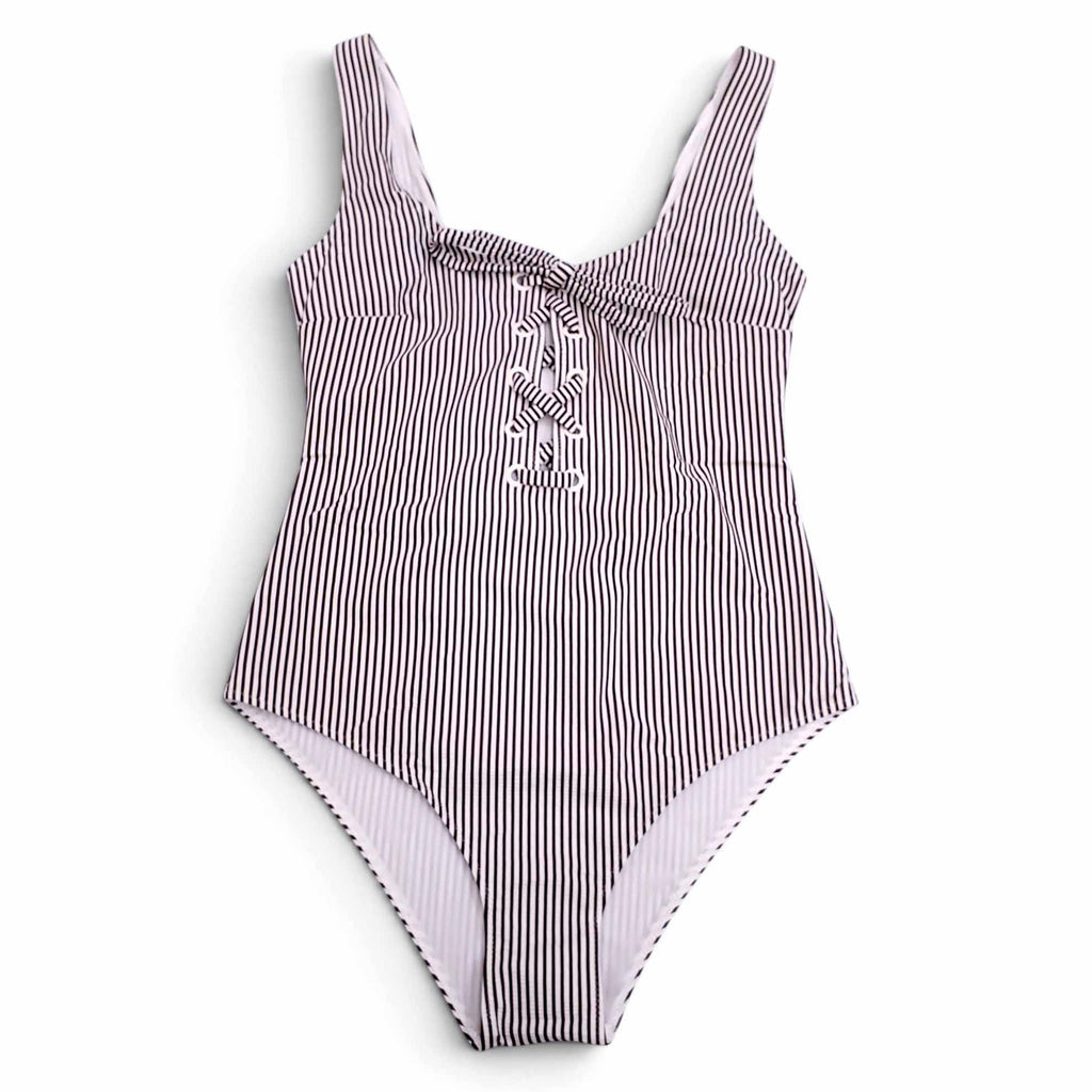 GANNI BROWN AND WHITE STRIPED ONE-PIECE SWIMSUIT WITH TIE DETAIL - SIZE 36