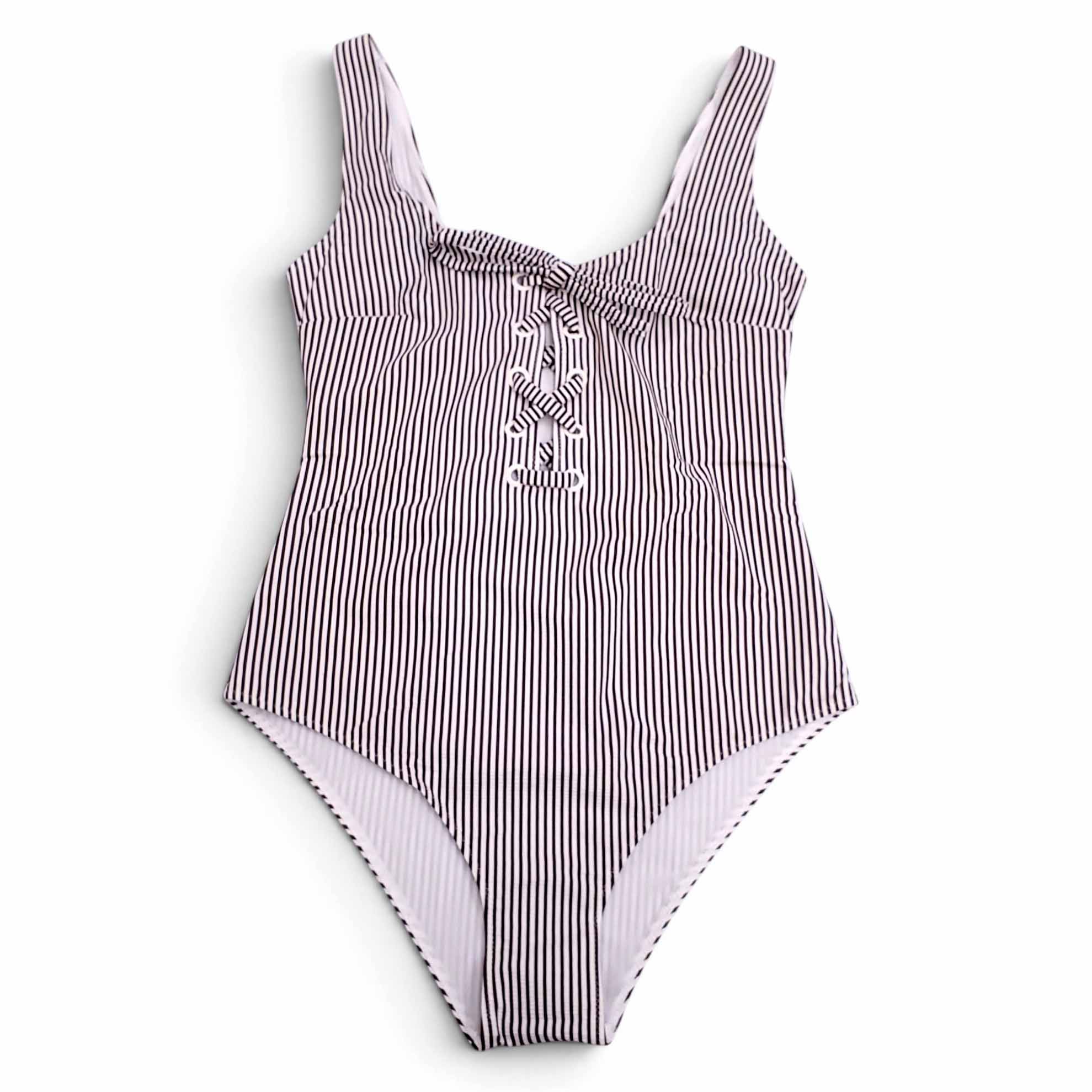 GANNI BROWN AND WHITE STRIPED ONE-PIECE SWIMSUIT WITH TIE DETAIL - SIZE 36