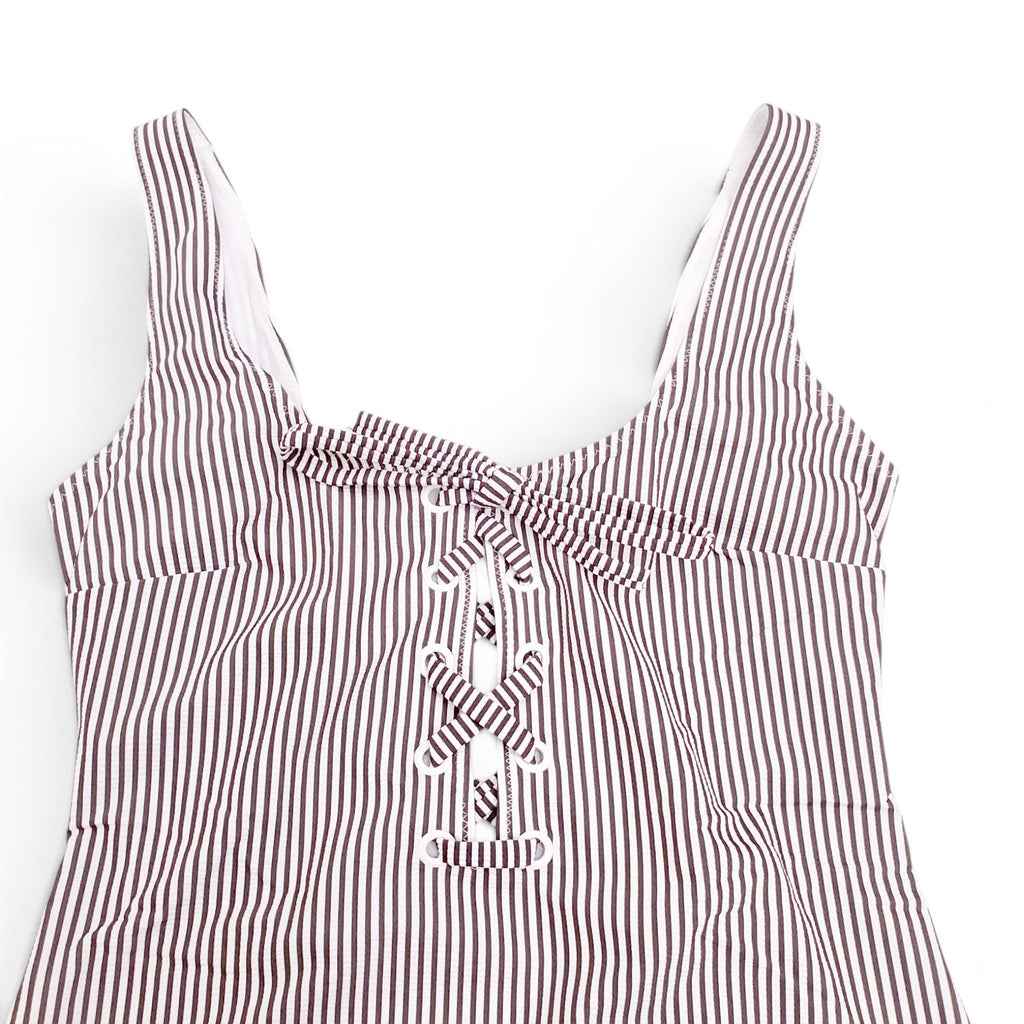 GANNI BROWN AND WHITE STRIPED ONE-PIECE SWIMSUIT WITH TIE DETAIL - SIZE 36