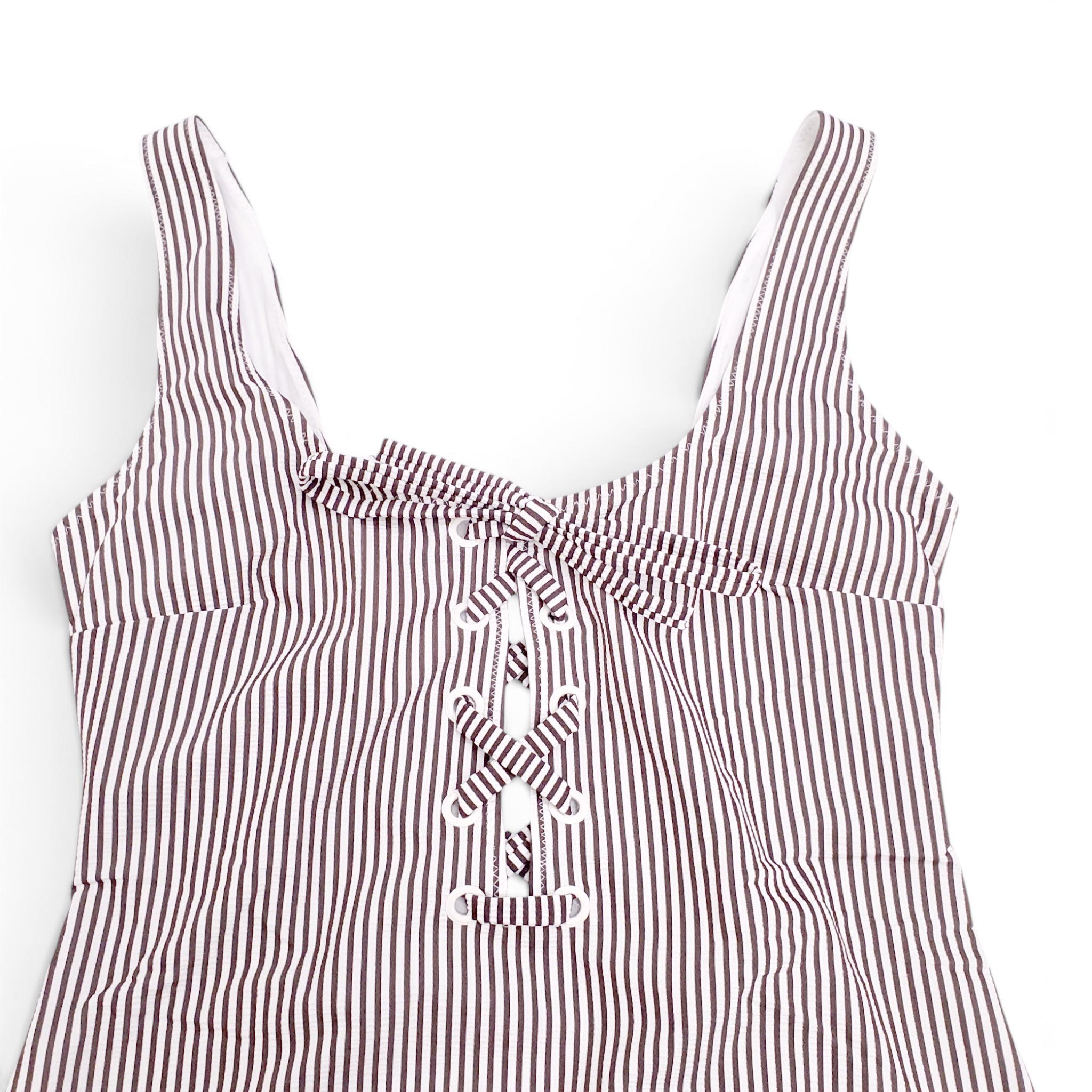 GANNI BROWN AND WHITE STRIPED ONE-PIECE SWIMSUIT WITH TIE DETAIL - SIZE 36