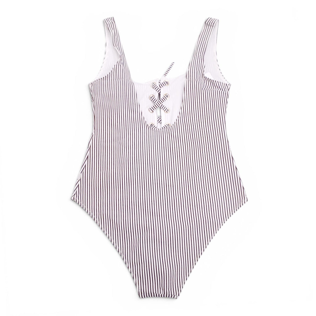 GANNI BROWN AND WHITE STRIPED ONE-PIECE SWIMSUIT WITH TIE DETAIL - SIZE 36