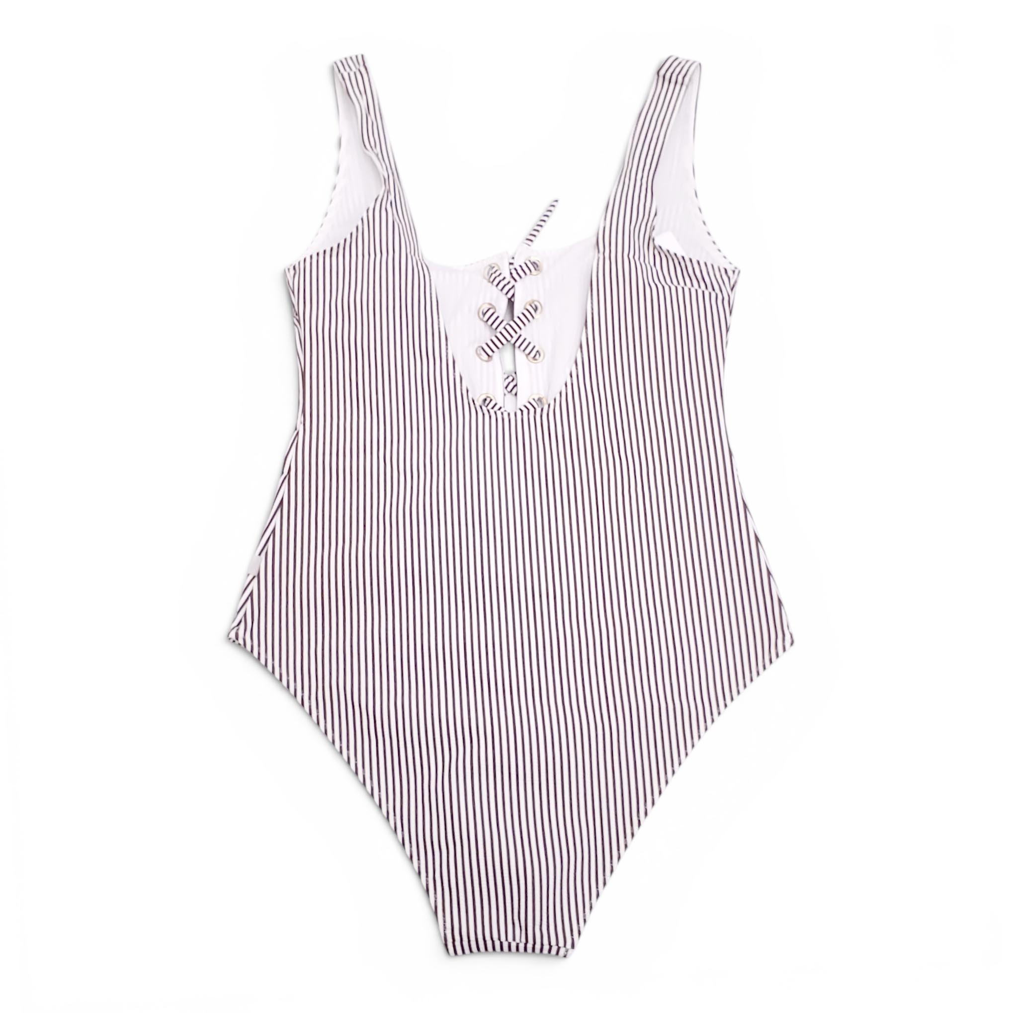 GANNI BROWN AND WHITE STRIPED ONE-PIECE SWIMSUIT WITH TIE DETAIL - SIZE 36