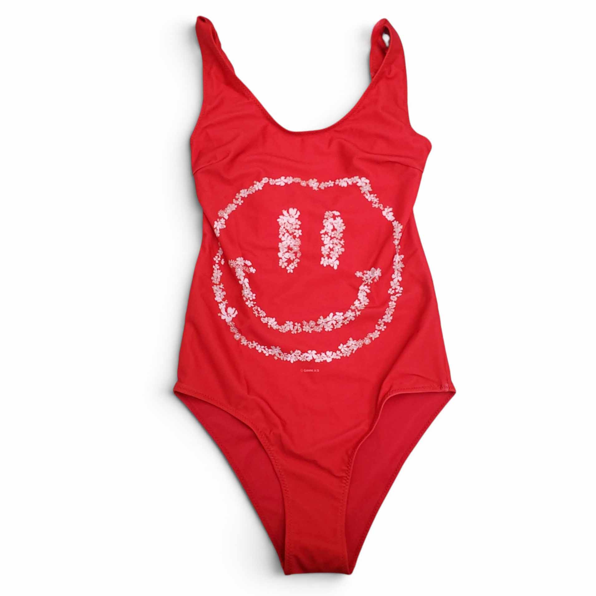 GANNI RED SMILEY-FACE ONE-PIECE SWIMSUIT - SIZE 32