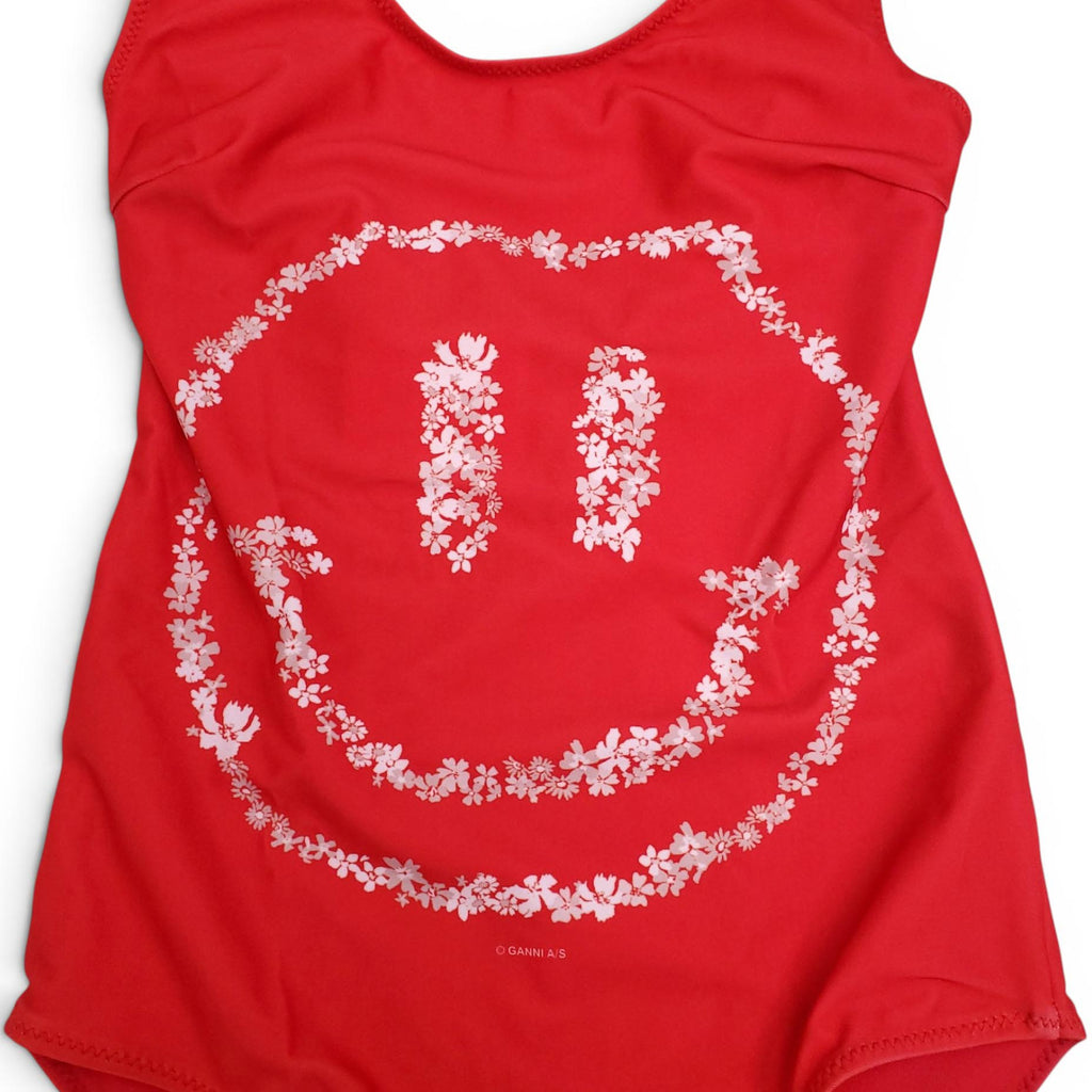 GANNI RED SMILEY-FACE ONE-PIECE SWIMSUIT - SIZE 32