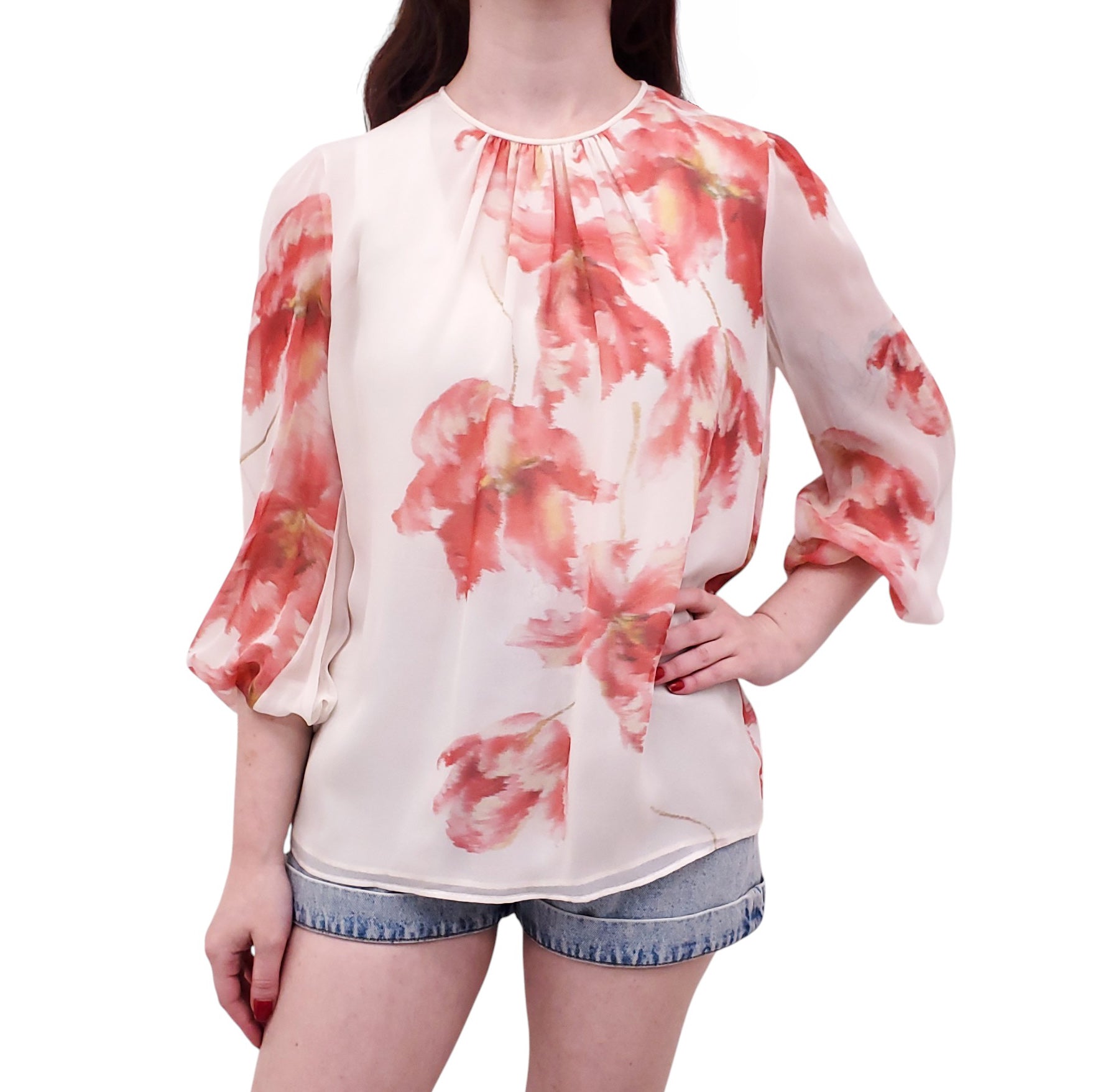 GIAMBATTISTA VALLI CREAM AND PINK FLORAL SILK BLOUSE - SIZE 40