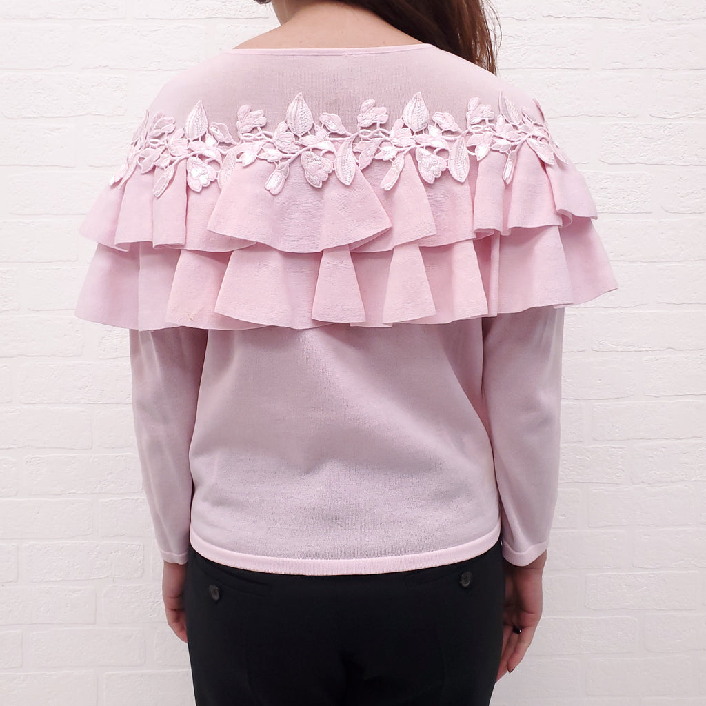 GIAMBATTISTA VALLI PINK RUFFLE SWEATER WITH FLORAL LACE - SIZE S