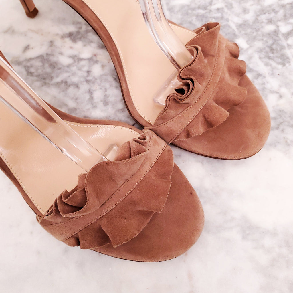 GIANVITO ROSSI BLUSH PINK SUEDE FRILL SANDALS - SIZE 40.5