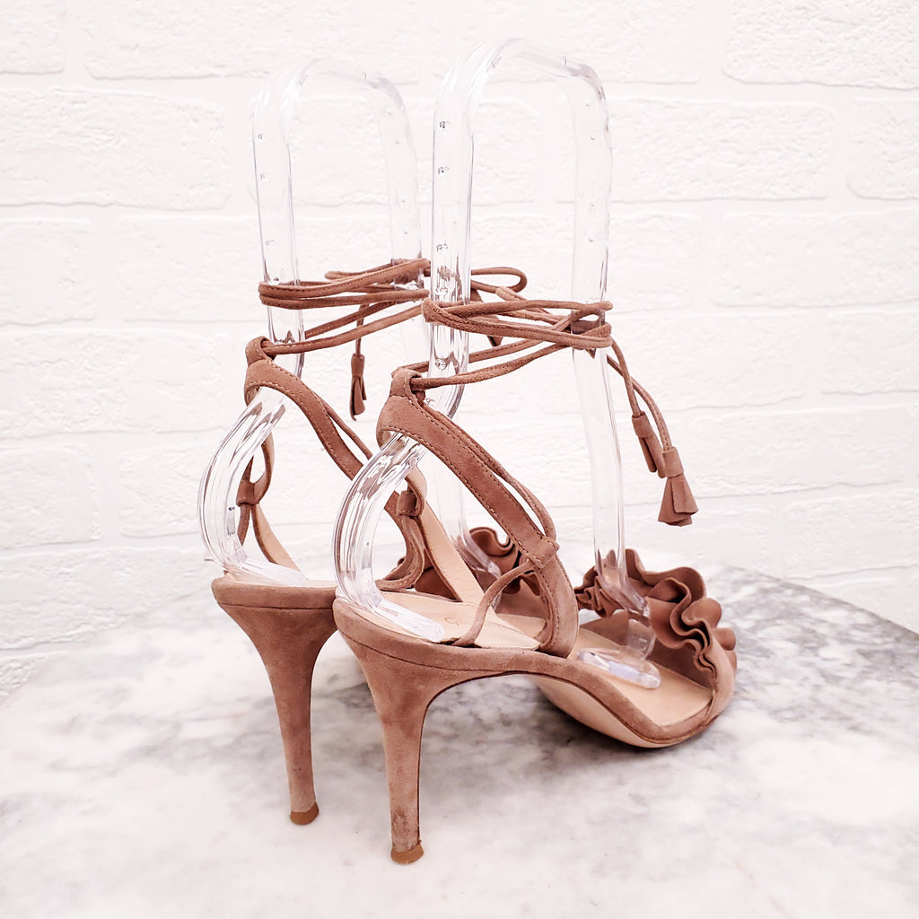 GIANVITO ROSSI BLUSH PINK SUEDE FRILL SANDALS - SIZE 40.5