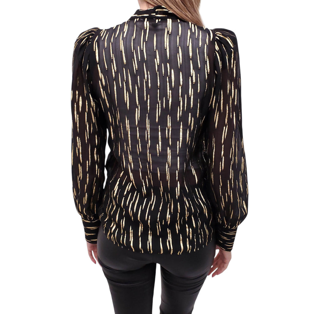 GIVENCHY BLACK SHEER BLOUSE WITH METALLIC GOLD DETAILS - SIZE 34