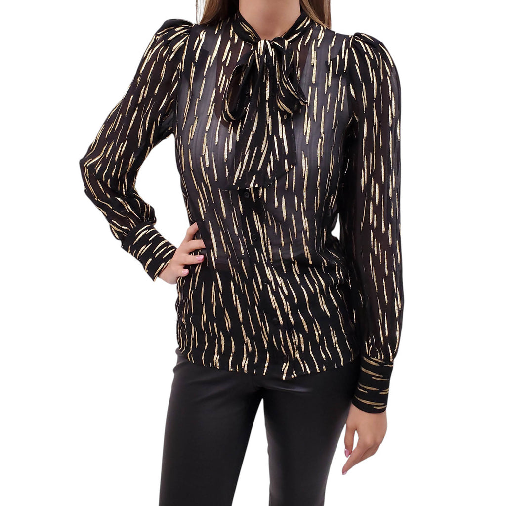 GIVENCHY BLACK SHEER BLOUSE WITH METALLIC GOLD DETAILS - SIZE 34