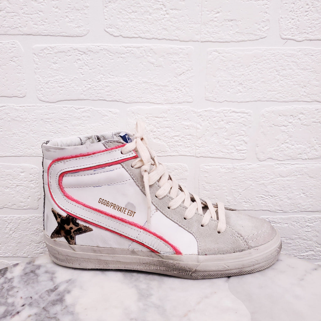 GOLDEN GOOSE WHITE 'SLIDE' SNEAKERS WITH SEQUIN AND LEOPARD DETAIL - SIZE 34