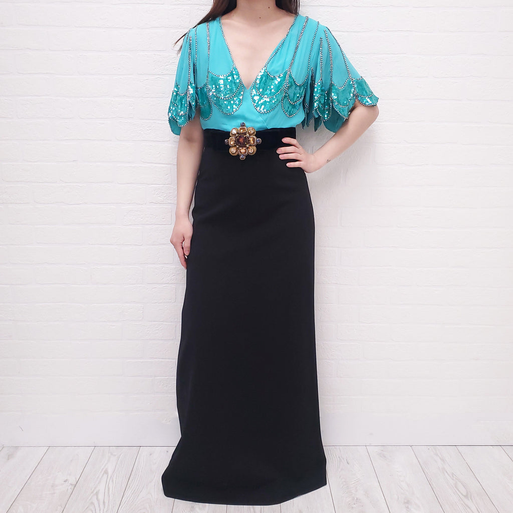 GUCCI BLACK AND TURQUOISE PETAL SLEEVE DEEP V-SEQUIN GOWN - SIZE S
