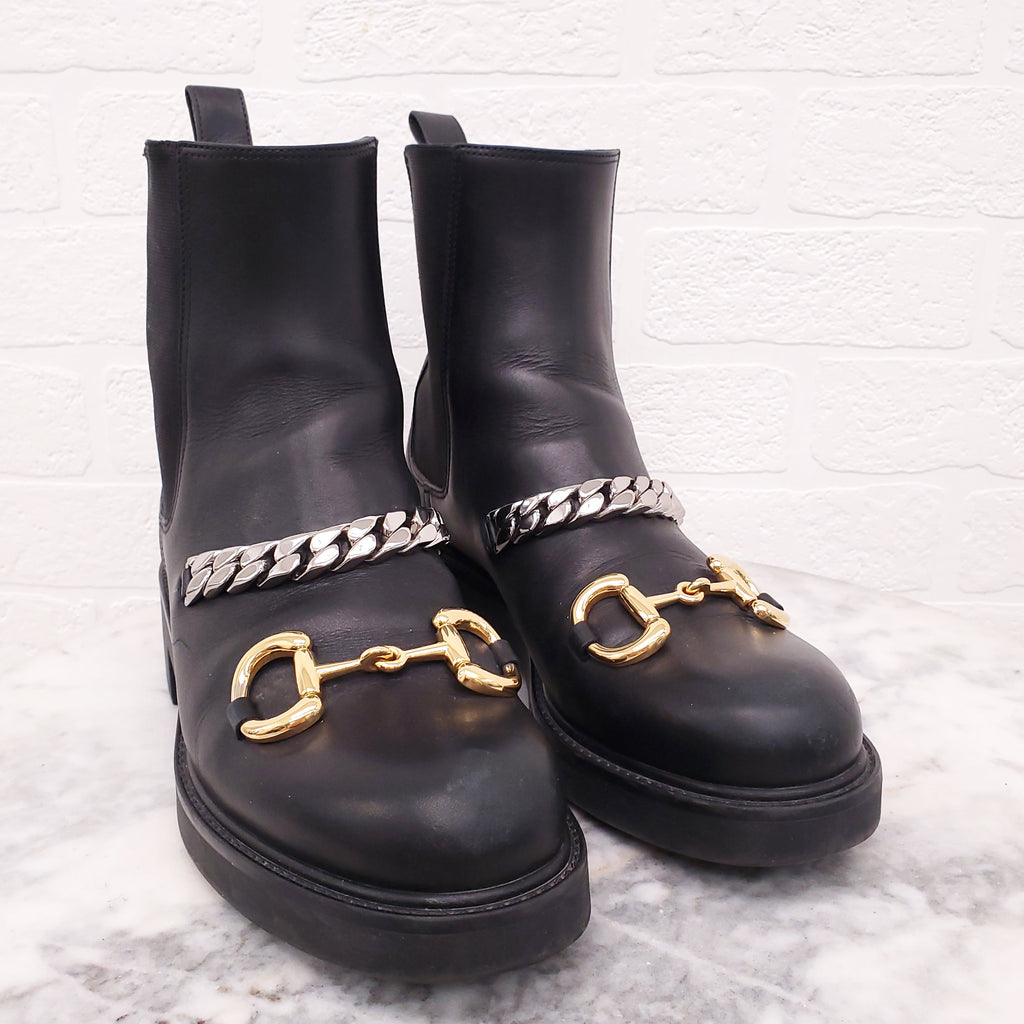 GUCCI BLACK BOOTS WITH HORSEBIT AND CHAIN DETAIL - SIZE 38