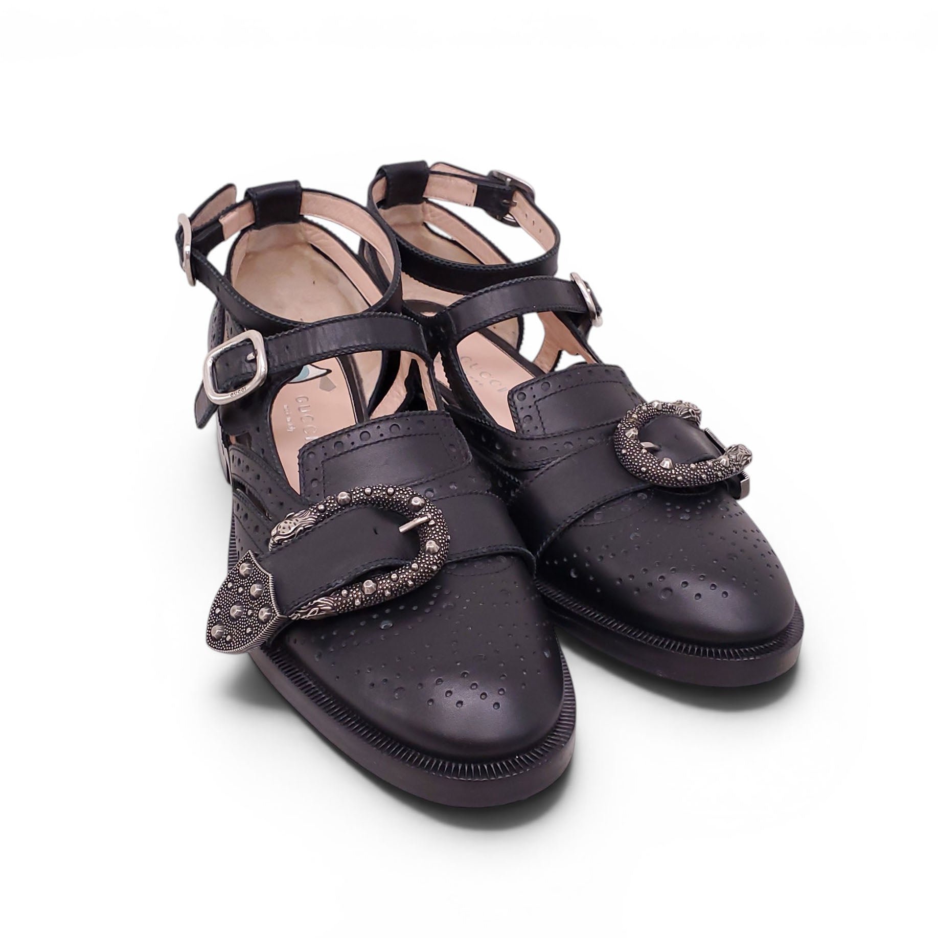 GUCCI BLACK BROGUE MONK FLATS - SIZE 38