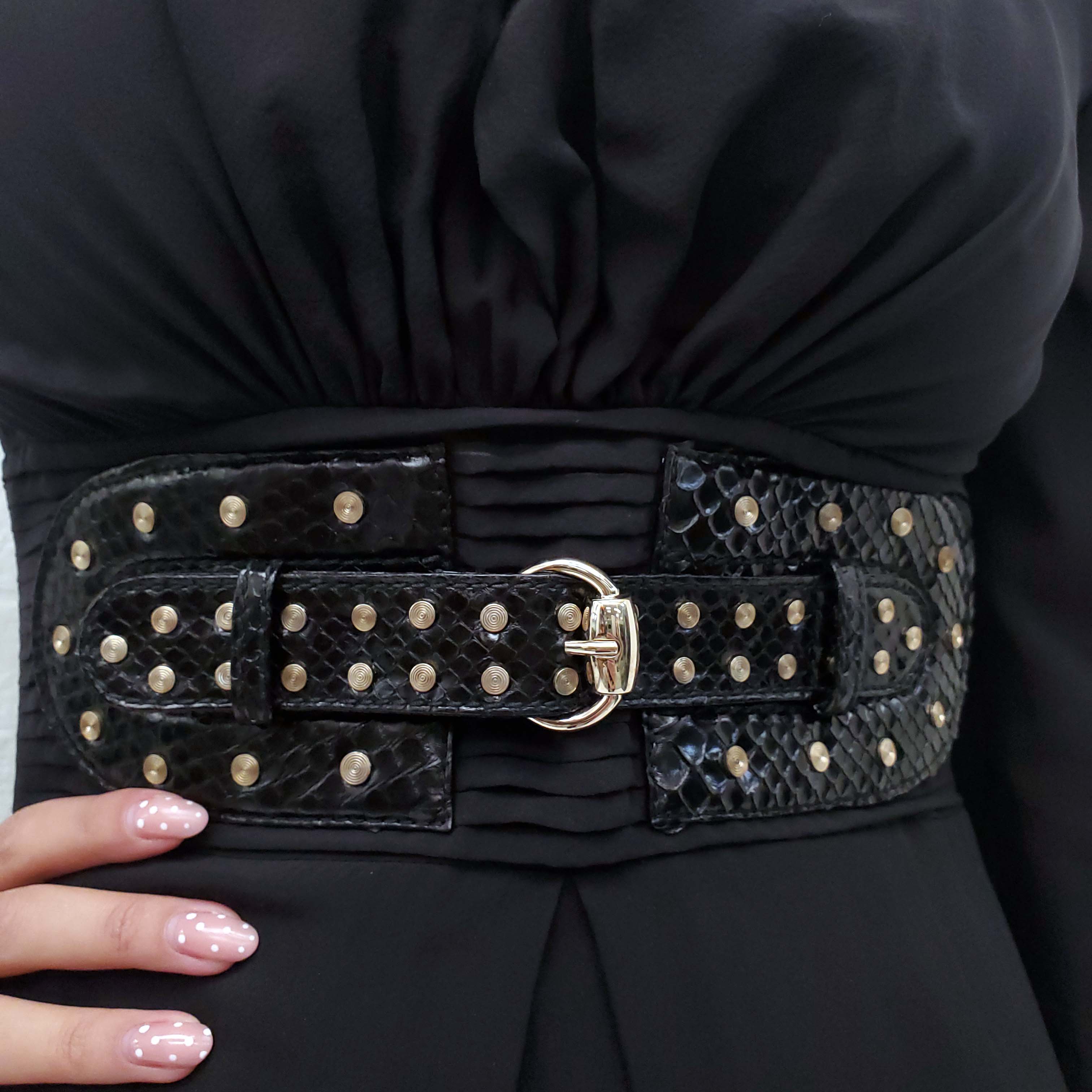 GUCCI BLACK SILK DRESS WITH PYTHON STUDDED BELT - SIZE 40