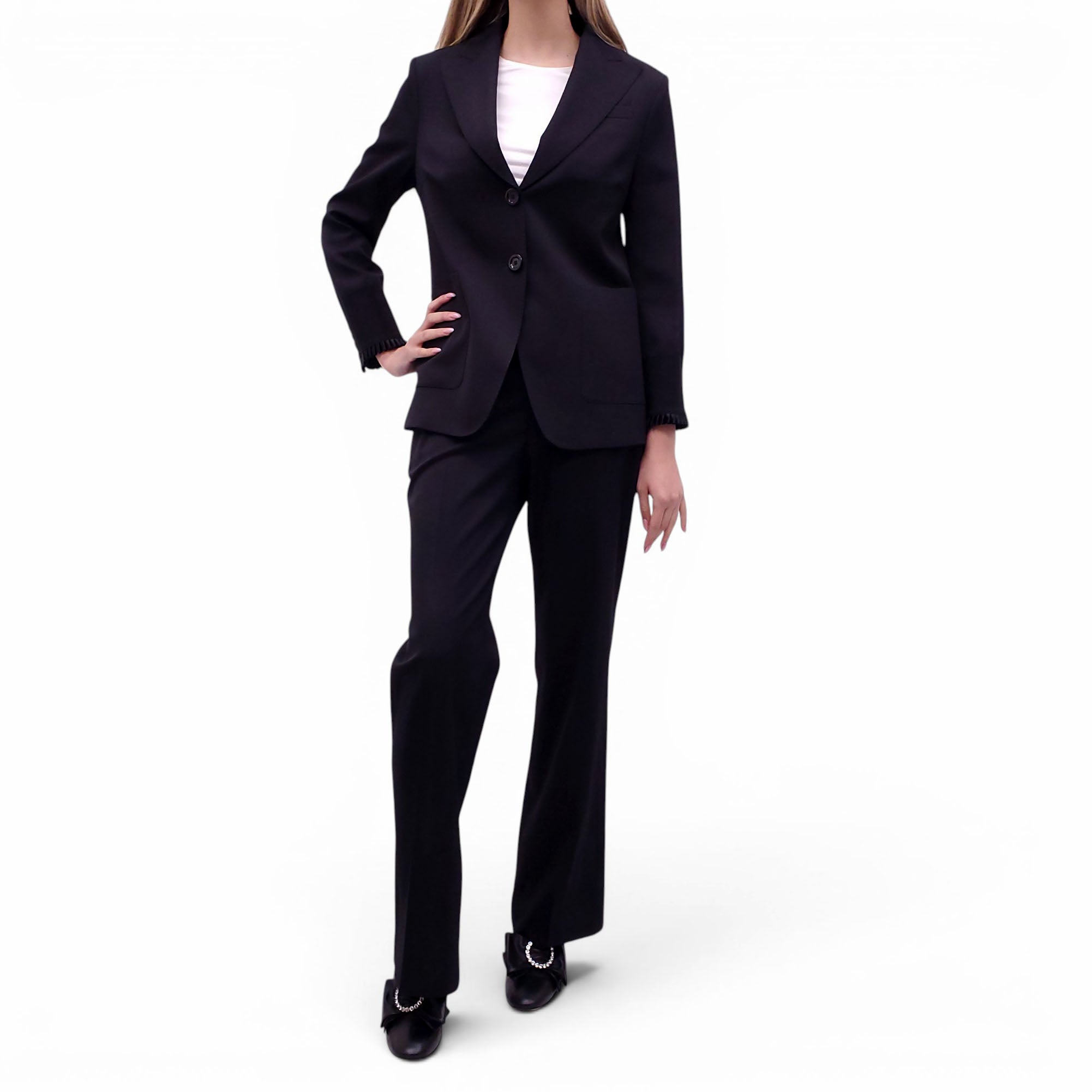 GUCCI BLACK SUIT WITH PLEATED SLEEVE DETAIL - SIZE 6