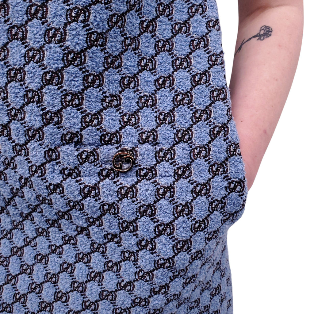 GUCCI BLUE TWEED MONOGRAM SHORT-SLEEVE DRESS WITH LOGO BUTTONS - SIZE 40
