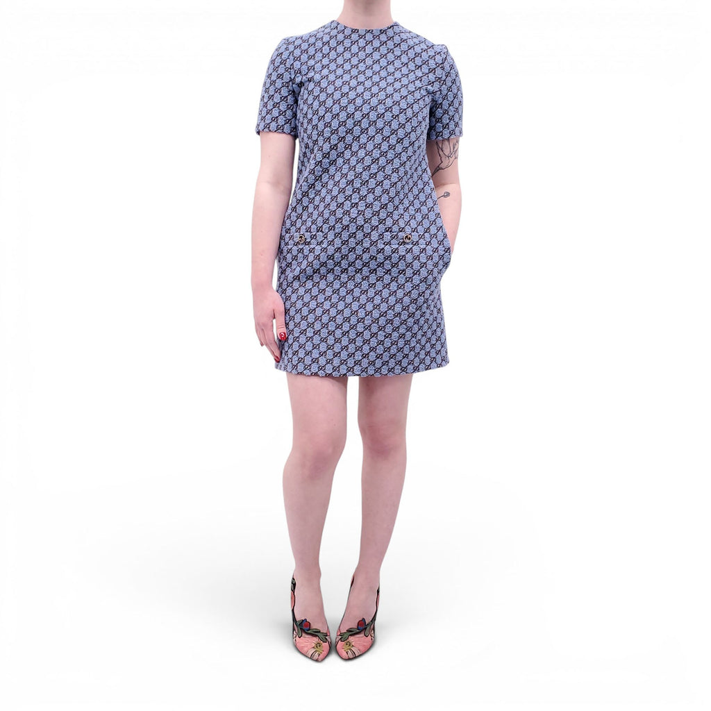 GUCCI BLUE TWEED MONOGRAM SHORT-SLEEVE DRESS WITH LOGO BUTTONS - SIZE 40
