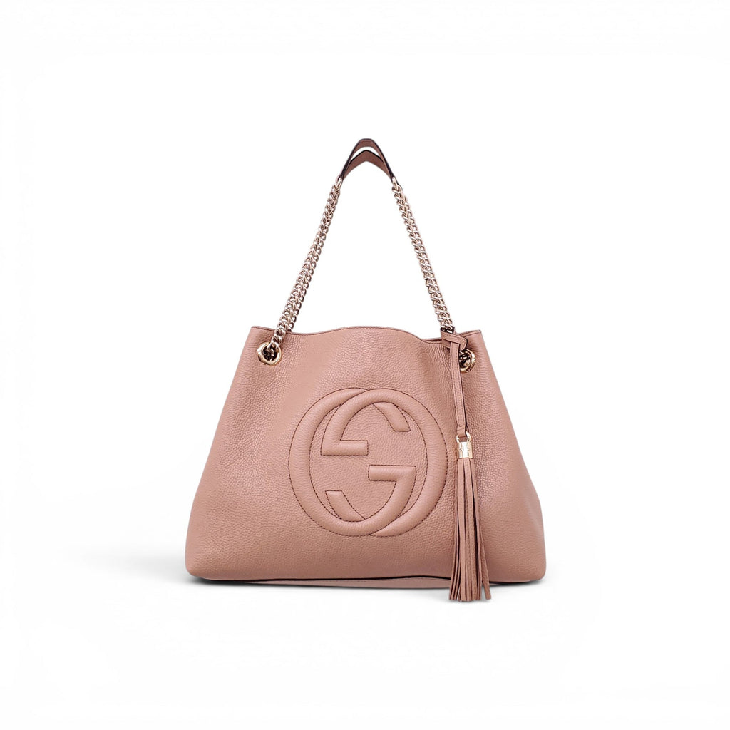 GUCCI BLUSH PINK MEDIUM SOHO TASSLE LOGO CHAIN BAG
