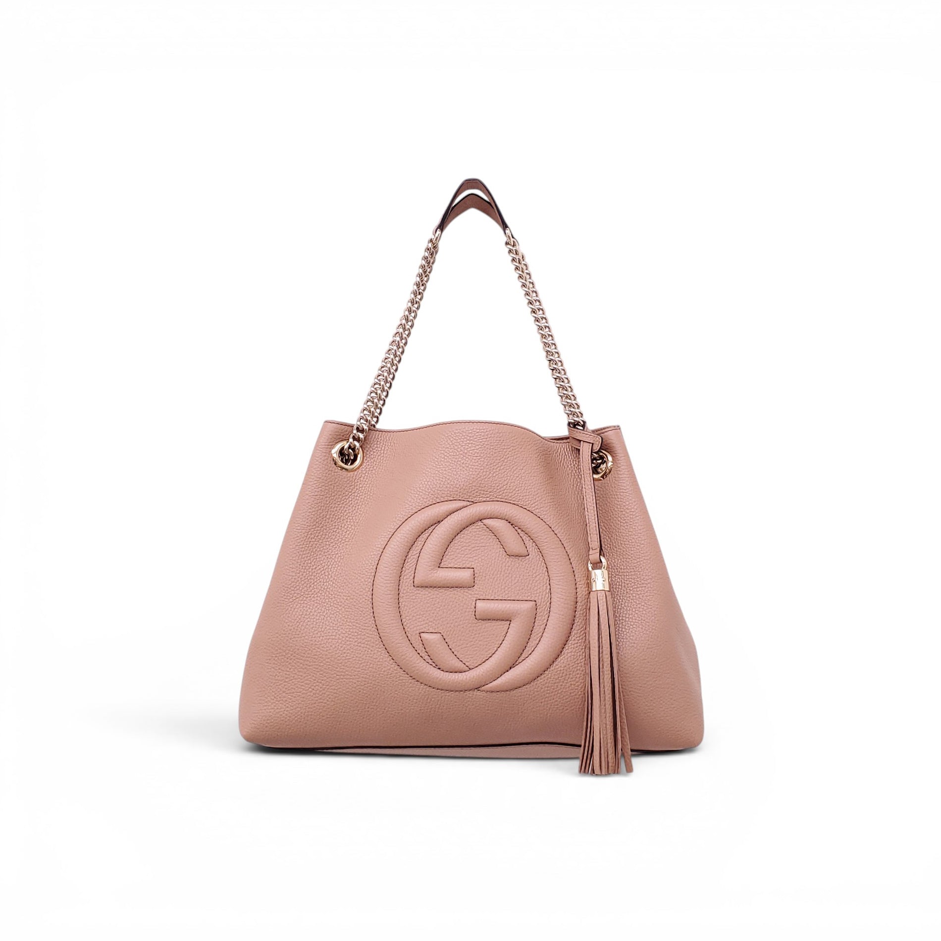 GUCCI BLUSH PINK MEDIUM SOHO TASSLE LOGO CHAIN BAG