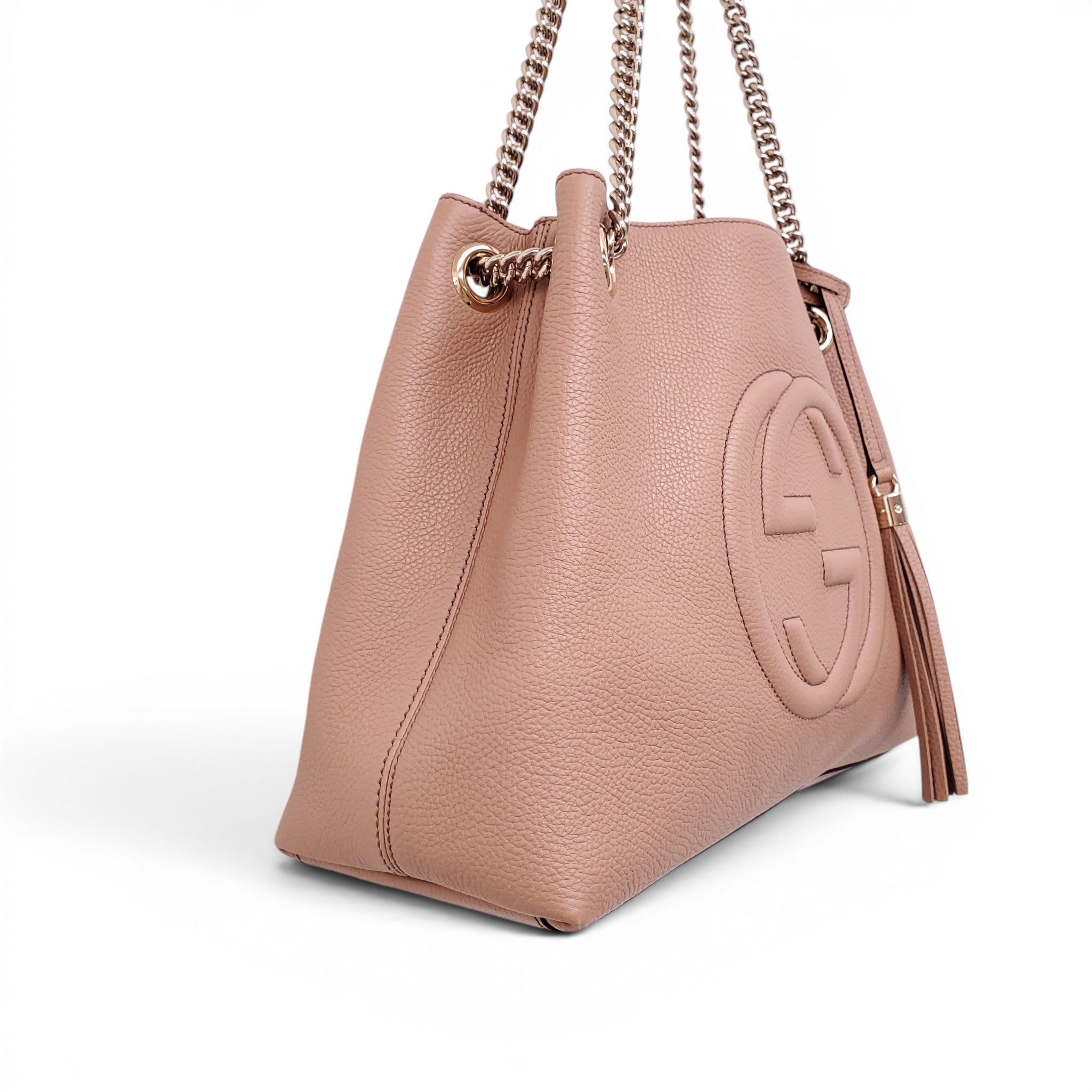 GUCCI BLUSH PINK MEDIUM SOHO TASSLE LOGO CHAIN BAG