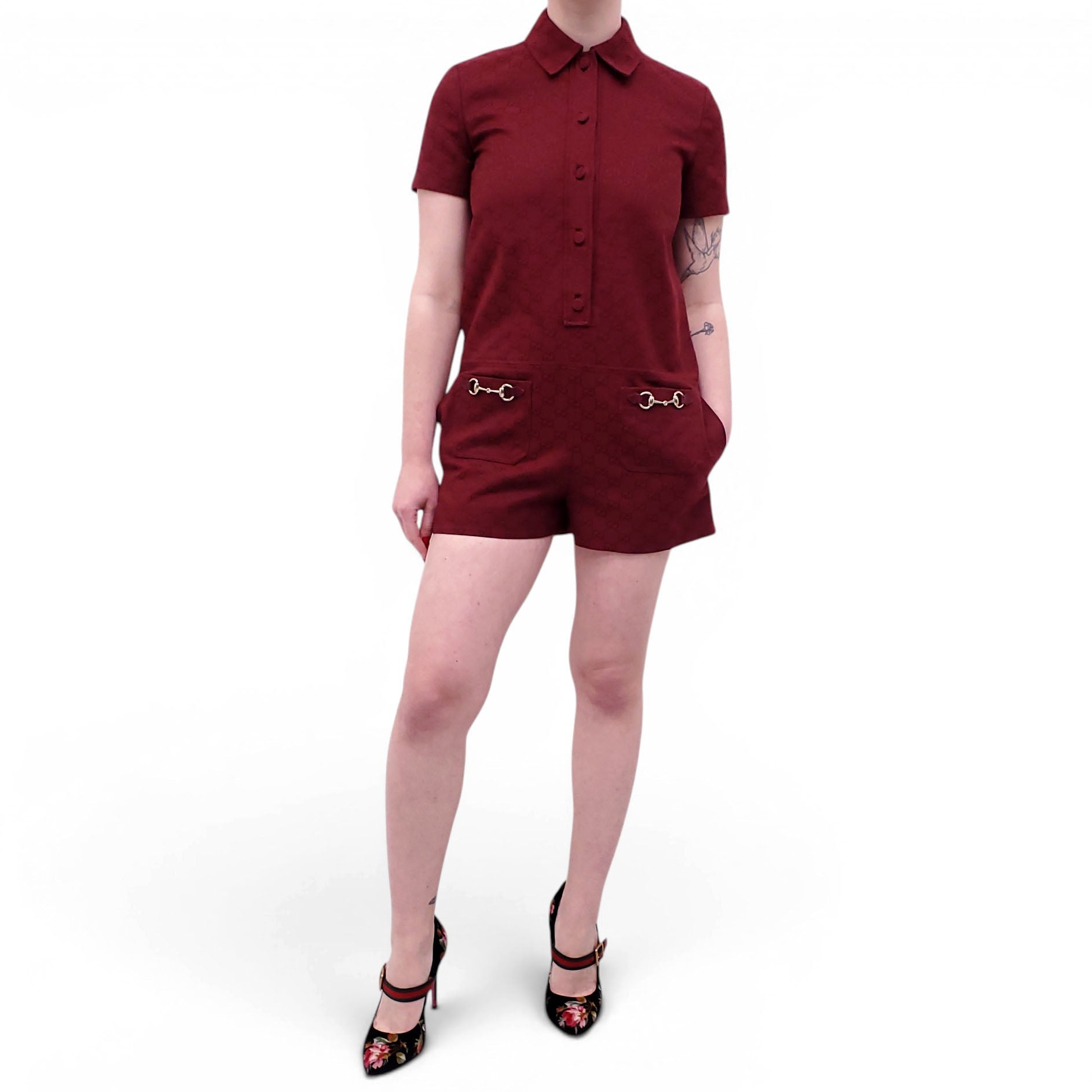 GUCCI BURGUNDY MONOGRAM ROMPER WITH HORSEBIT DETAIL - SIZE 38