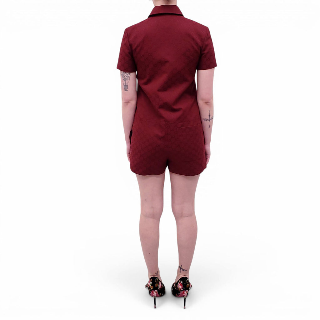 GUCCI BURGUNDY MONOGRAM ROMPER WITH HORSEBIT DETAIL - SIZE 38